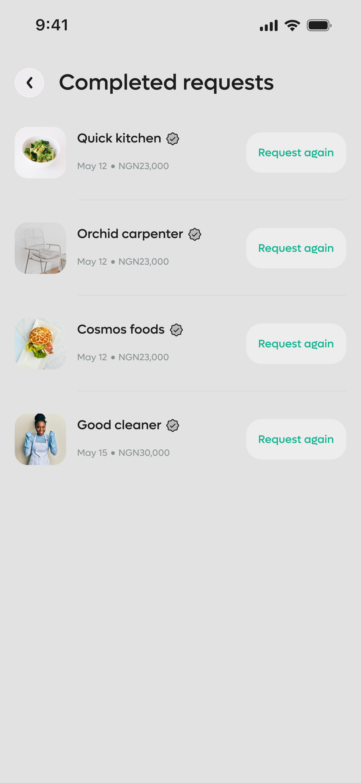 Completed requests screen with a request-again action for each past service
