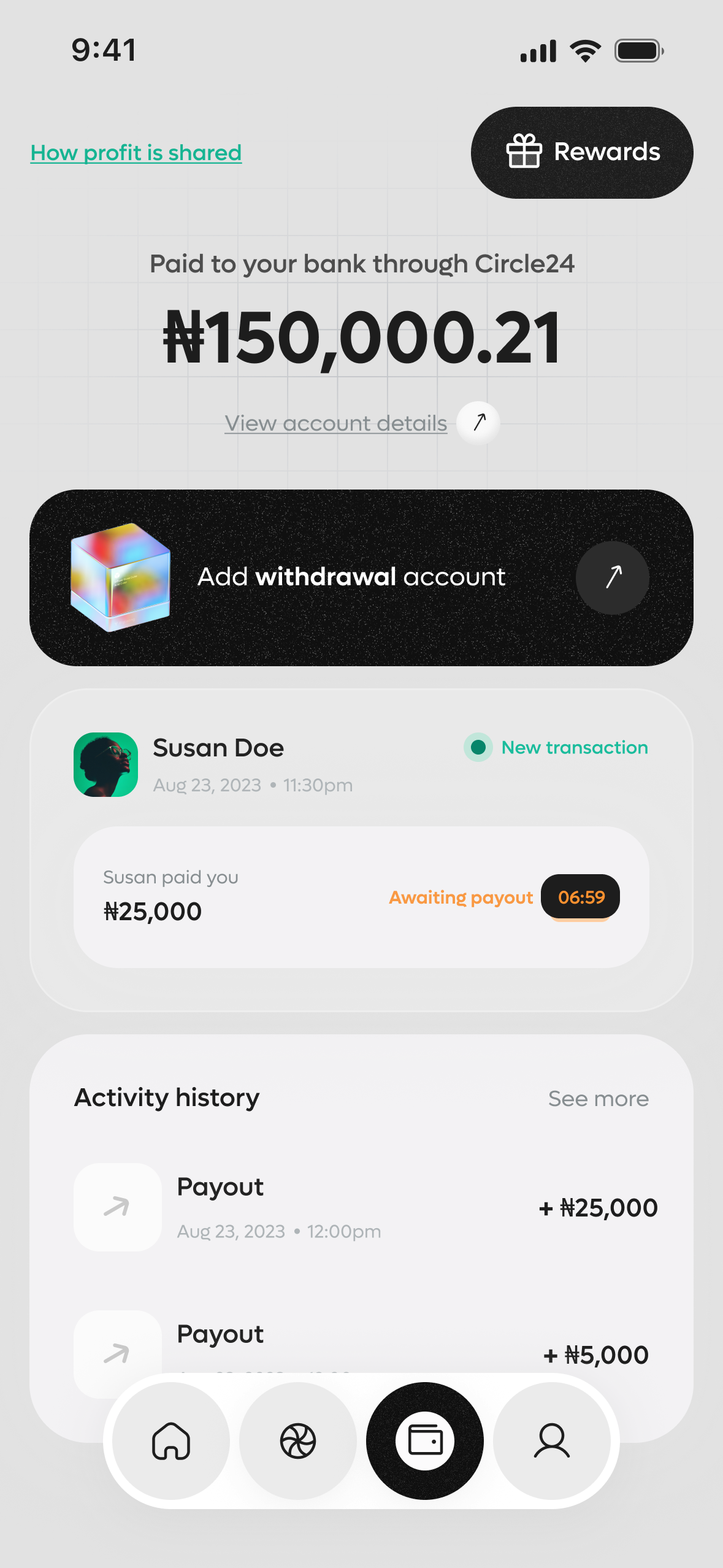 Provider wallet screen showing payout amount, withdrawal account and activity history