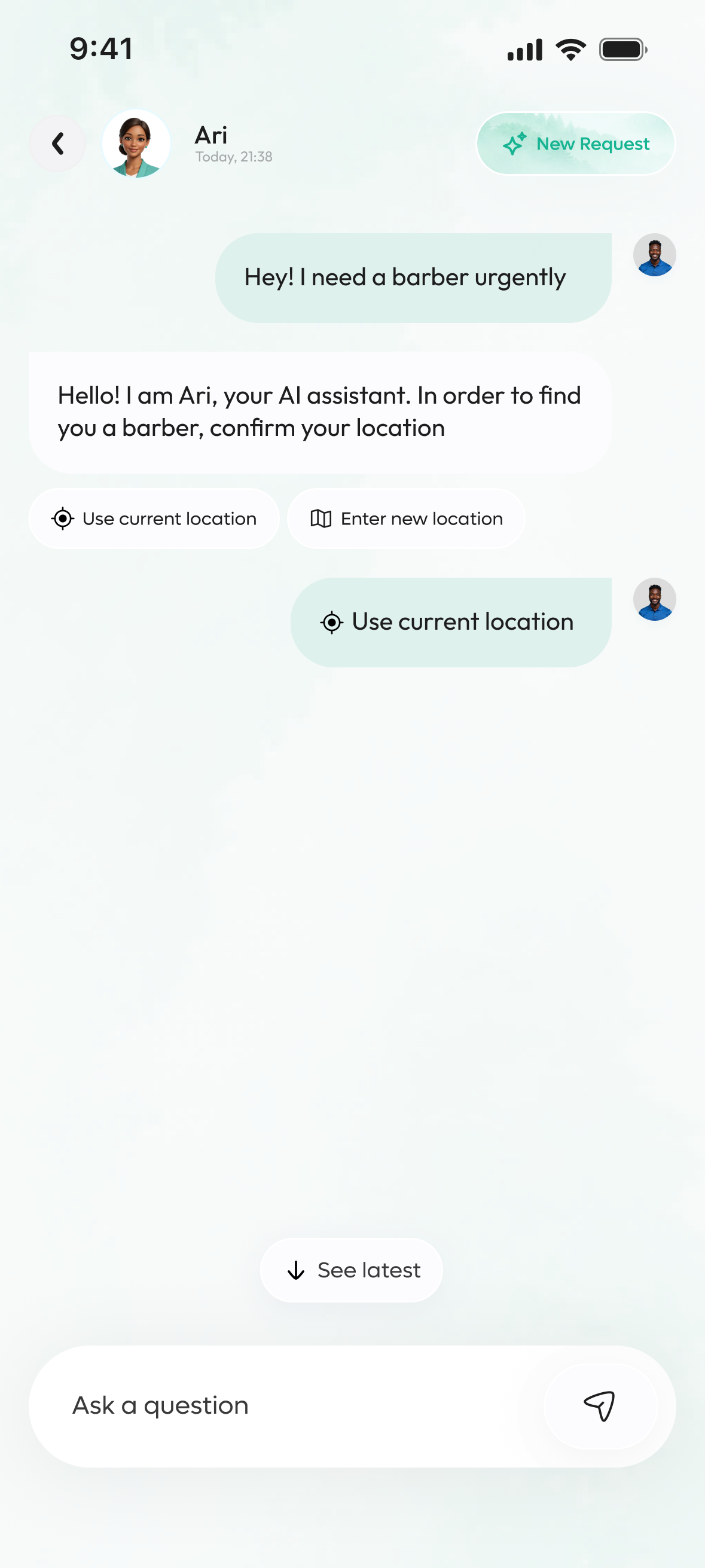 Circle24 assistant conversation: client states a need, assistant asks to confirm location, client taps use current location