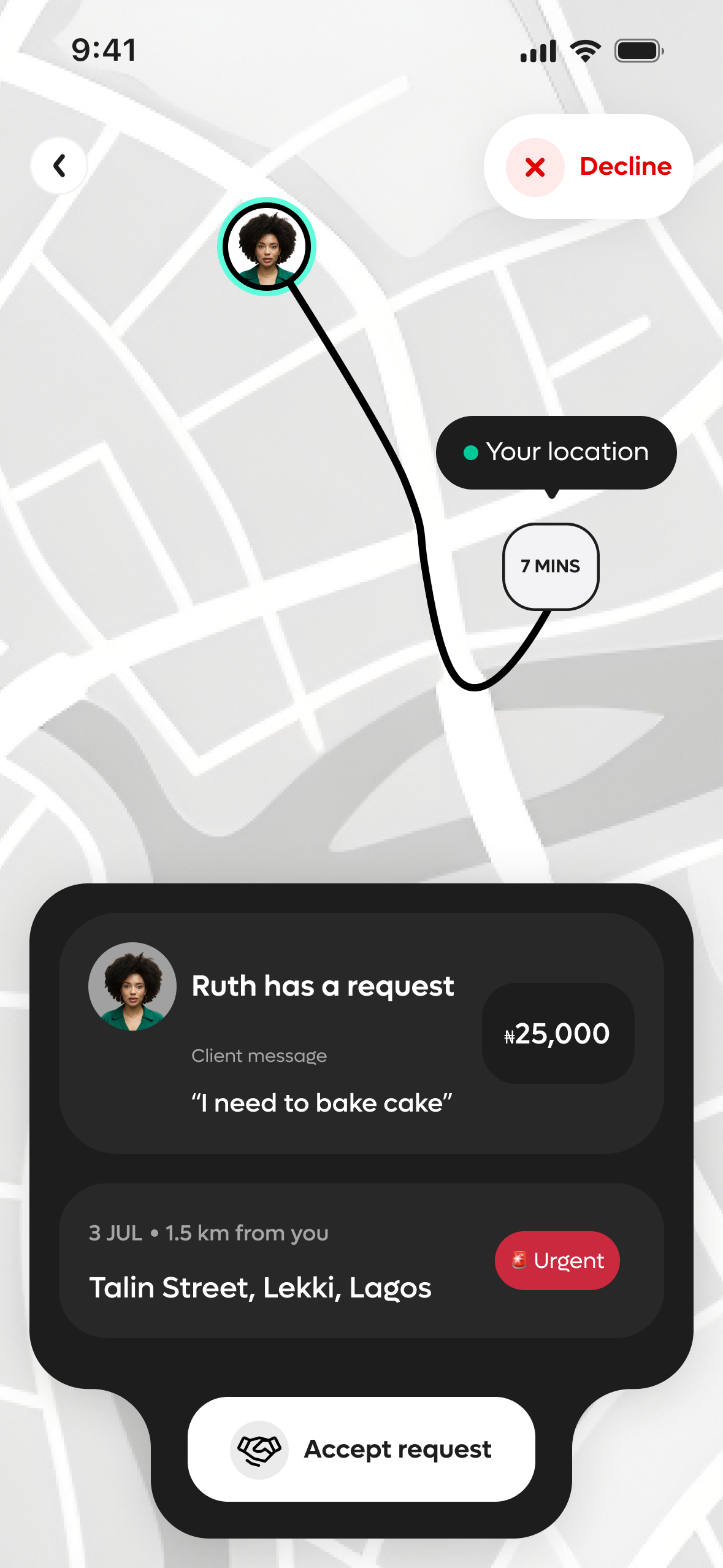 Provider reviewing screen: incoming request with client message, price and accept/decline actions