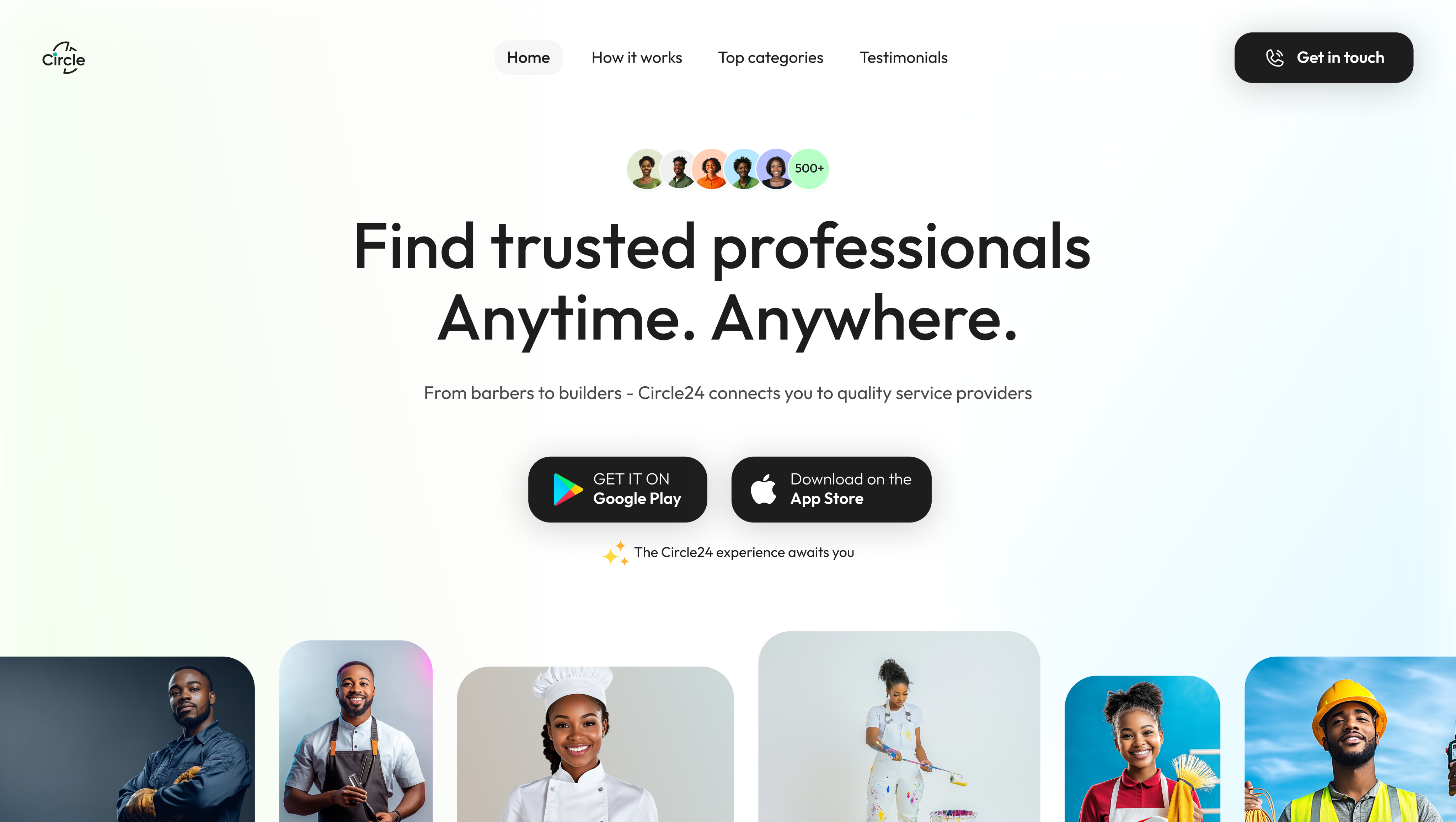 Circle24 landing page: hero headline, trusted-professional avatars, App Store and Google Play buttons, and a provider showcase strip