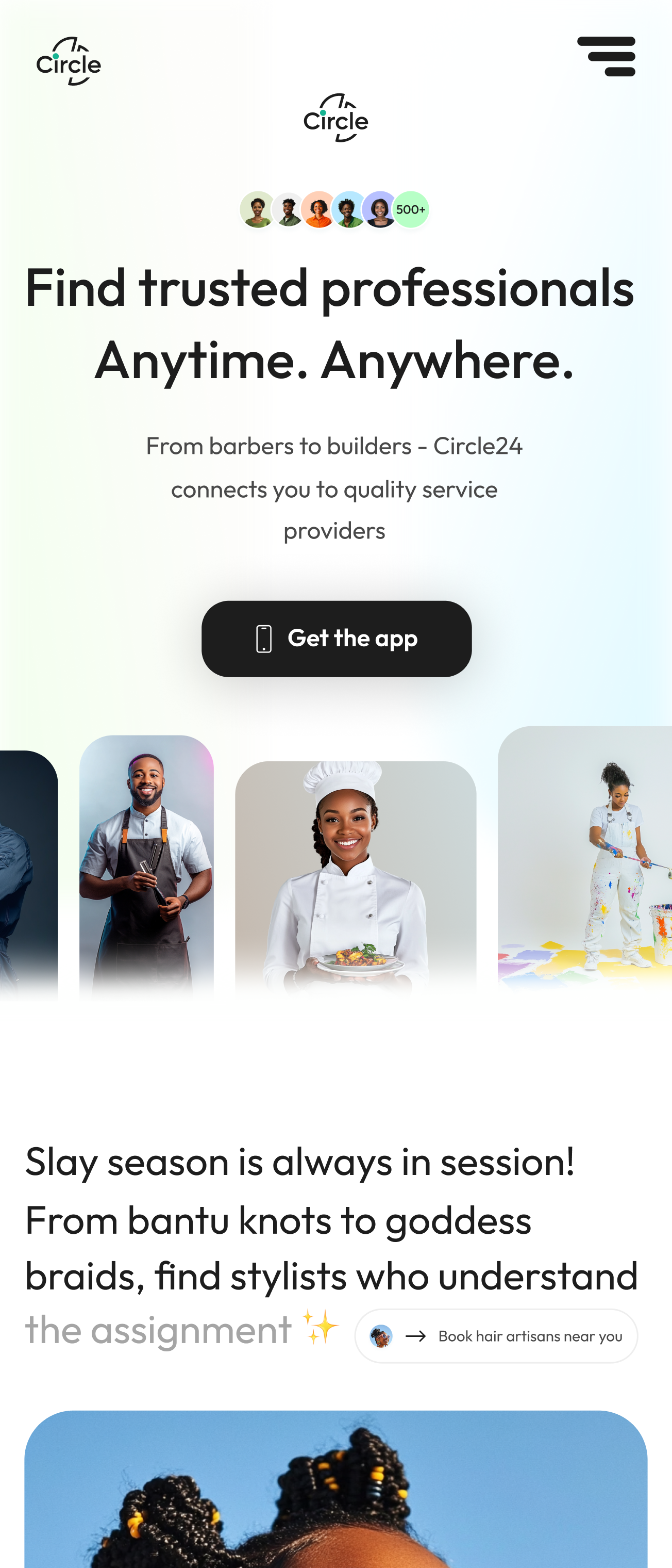 Circle24 landing page on mobile: hero headline, trusted-professional avatars, App Store and Google Play buttons, and a provider showcase strip