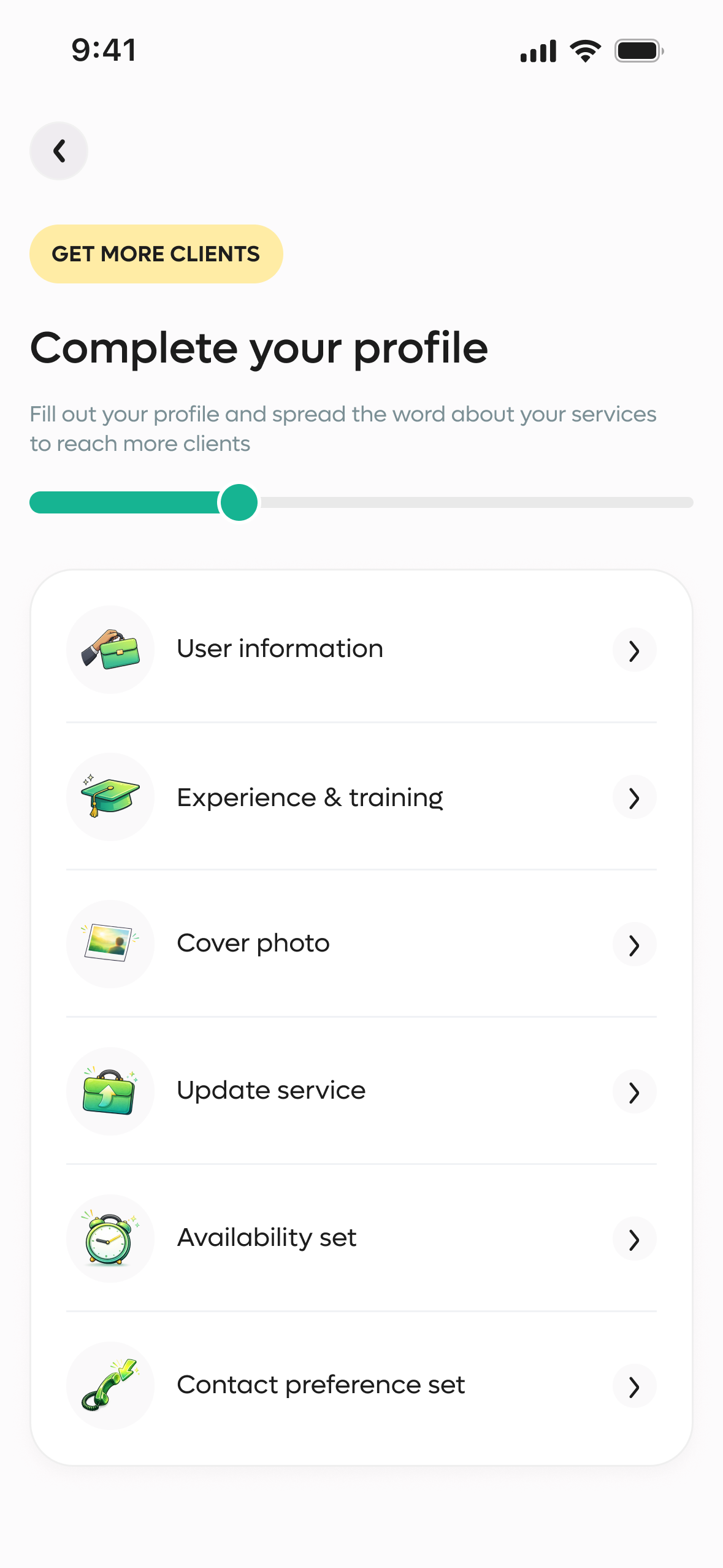 Provider profile completion checklist screen