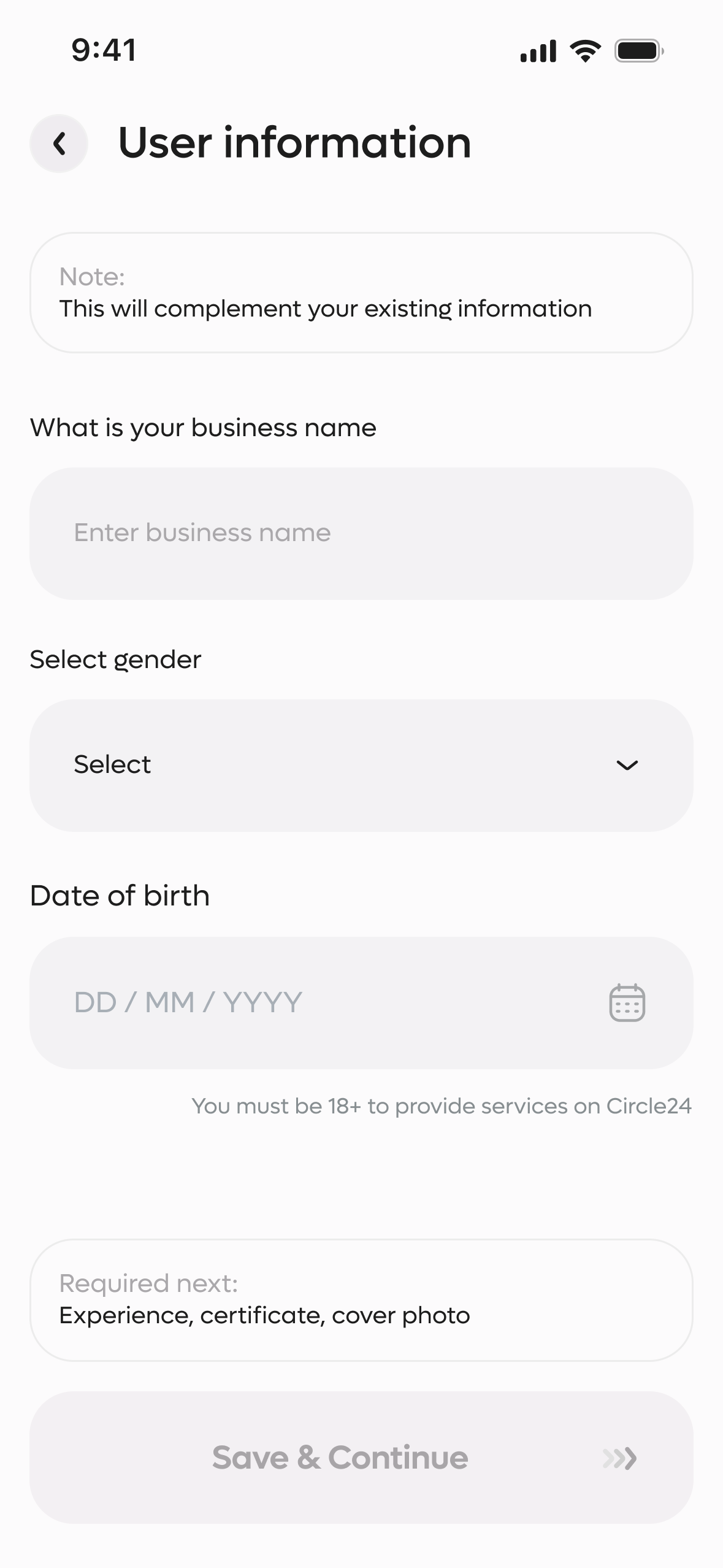 Provider user information form screen