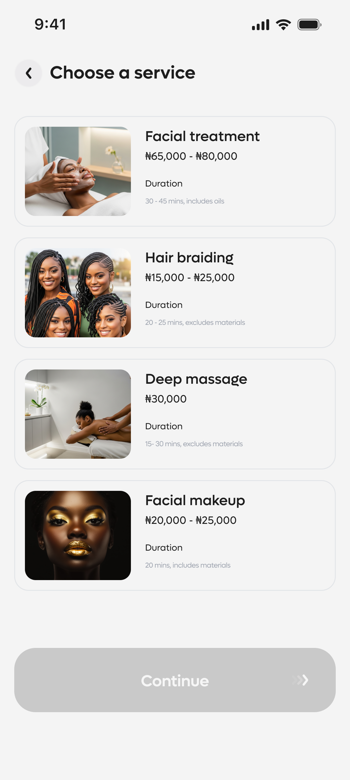 Choose a service screen