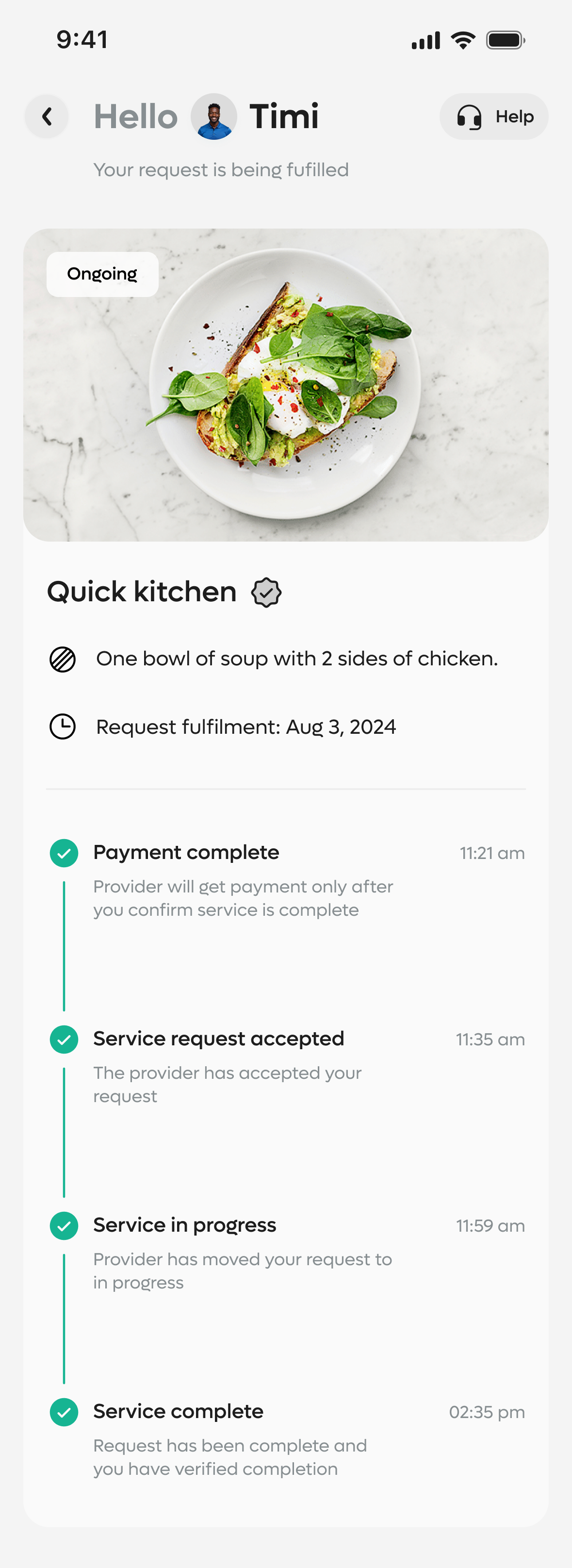 Client live timeline screen: payment complete, service accepted, in progress and complete states with timestamps