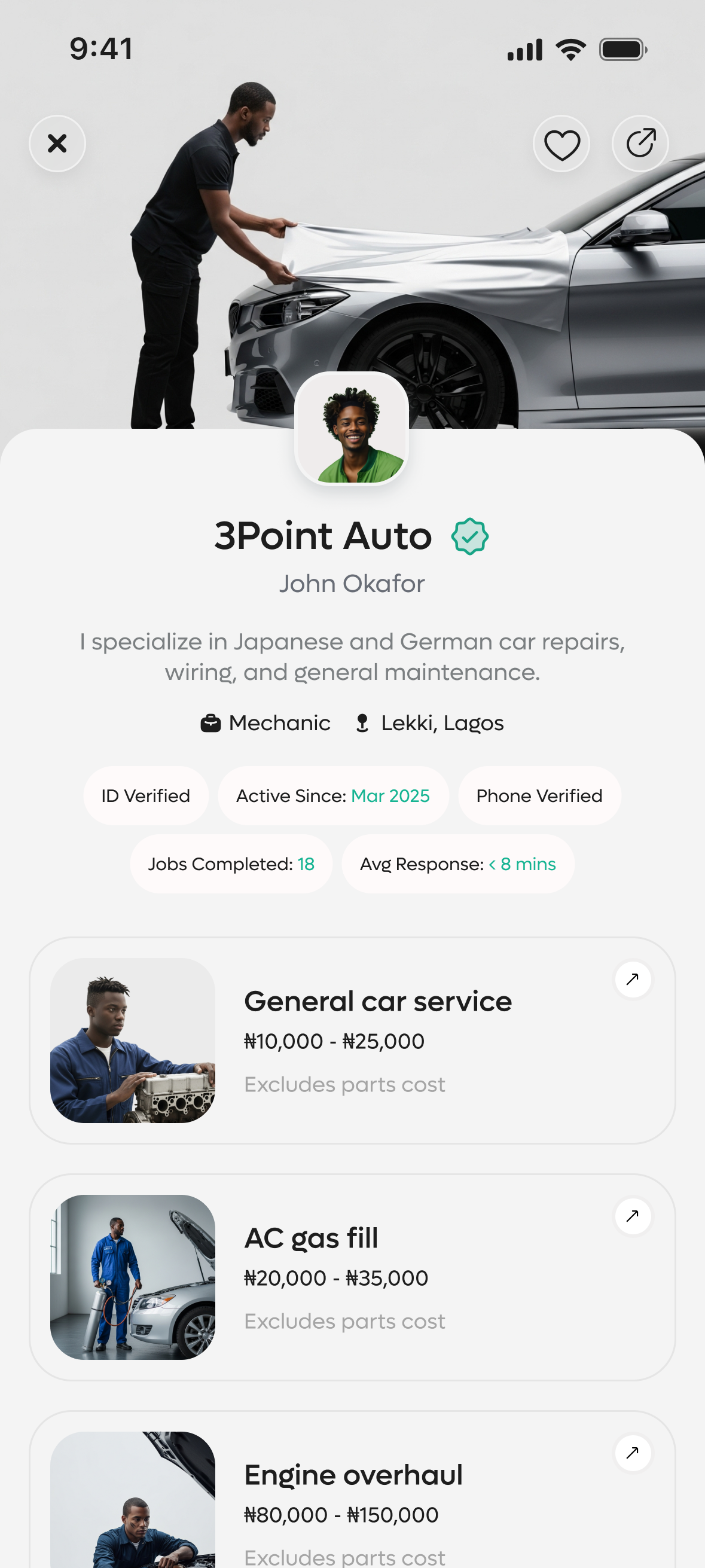 Trusted provider profile screen: verification badges, job history and service list