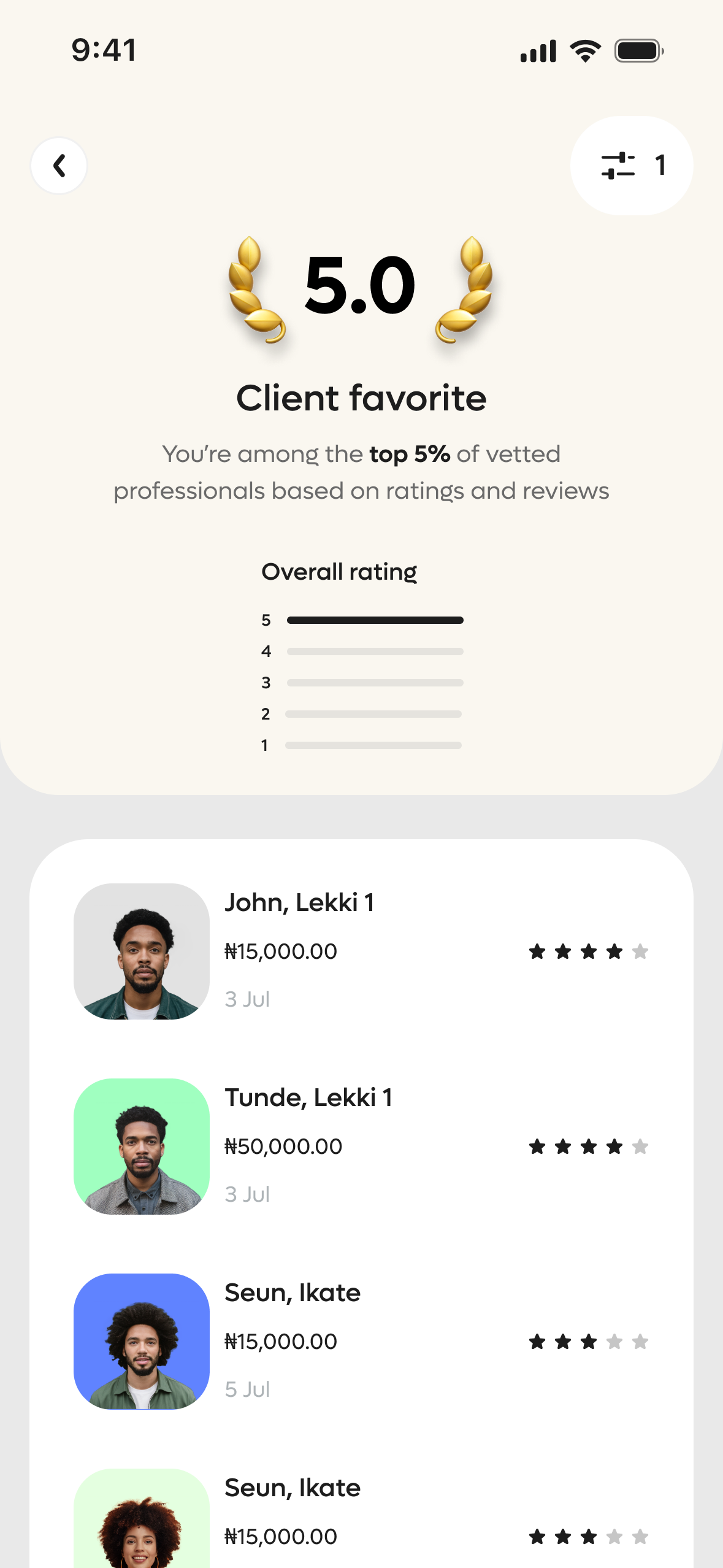Rating screen: 5.0 client favorite, top 5% of vetted professionals, overall rating breakdown and recent client reviews