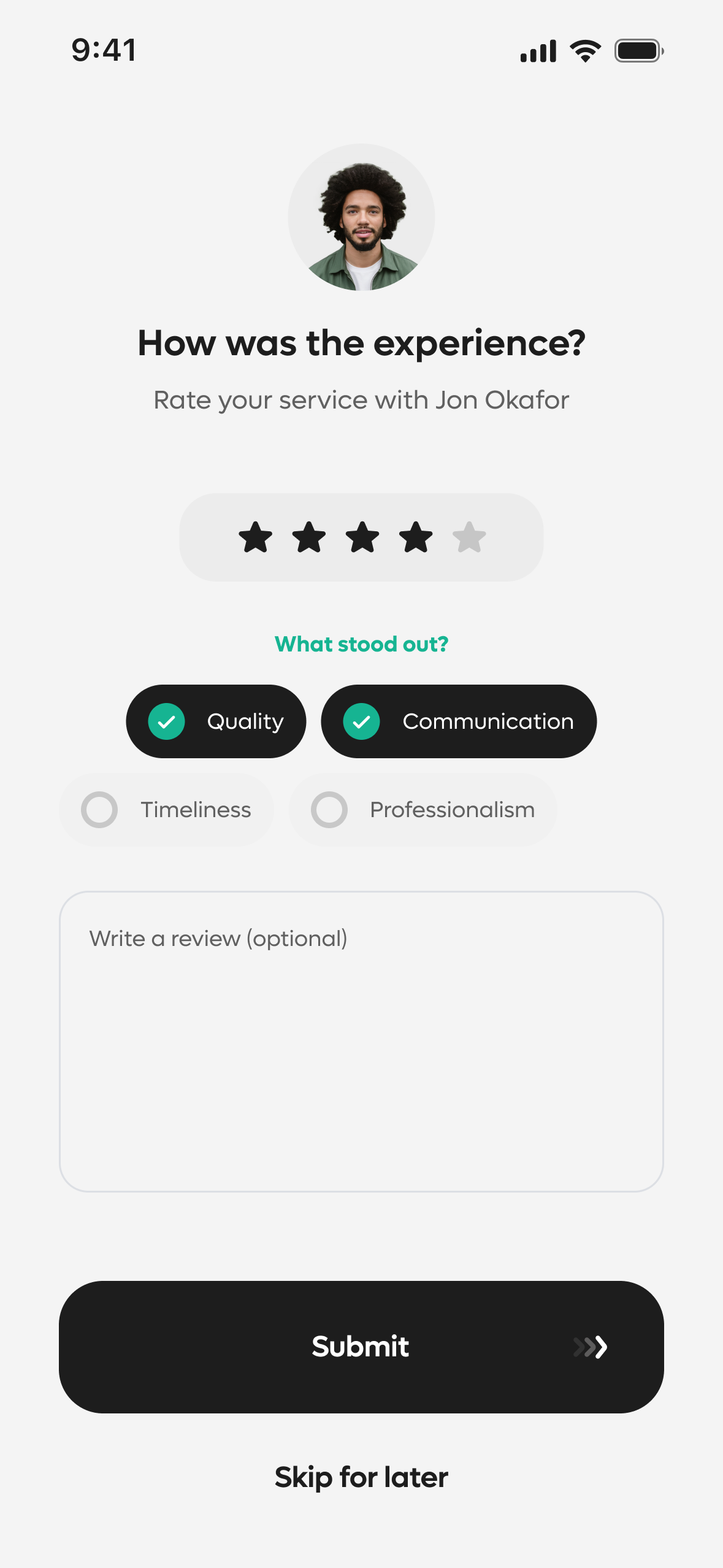 Client review input screen: star rating, quality and communication tags, optional written review
