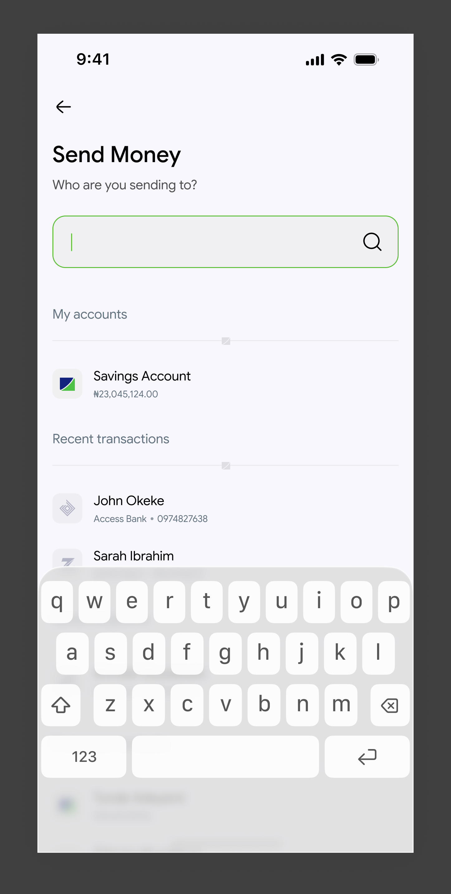 Fidelity Bank Send Money screen showing recipient search with a saved savings account and recent transaction recipients listed