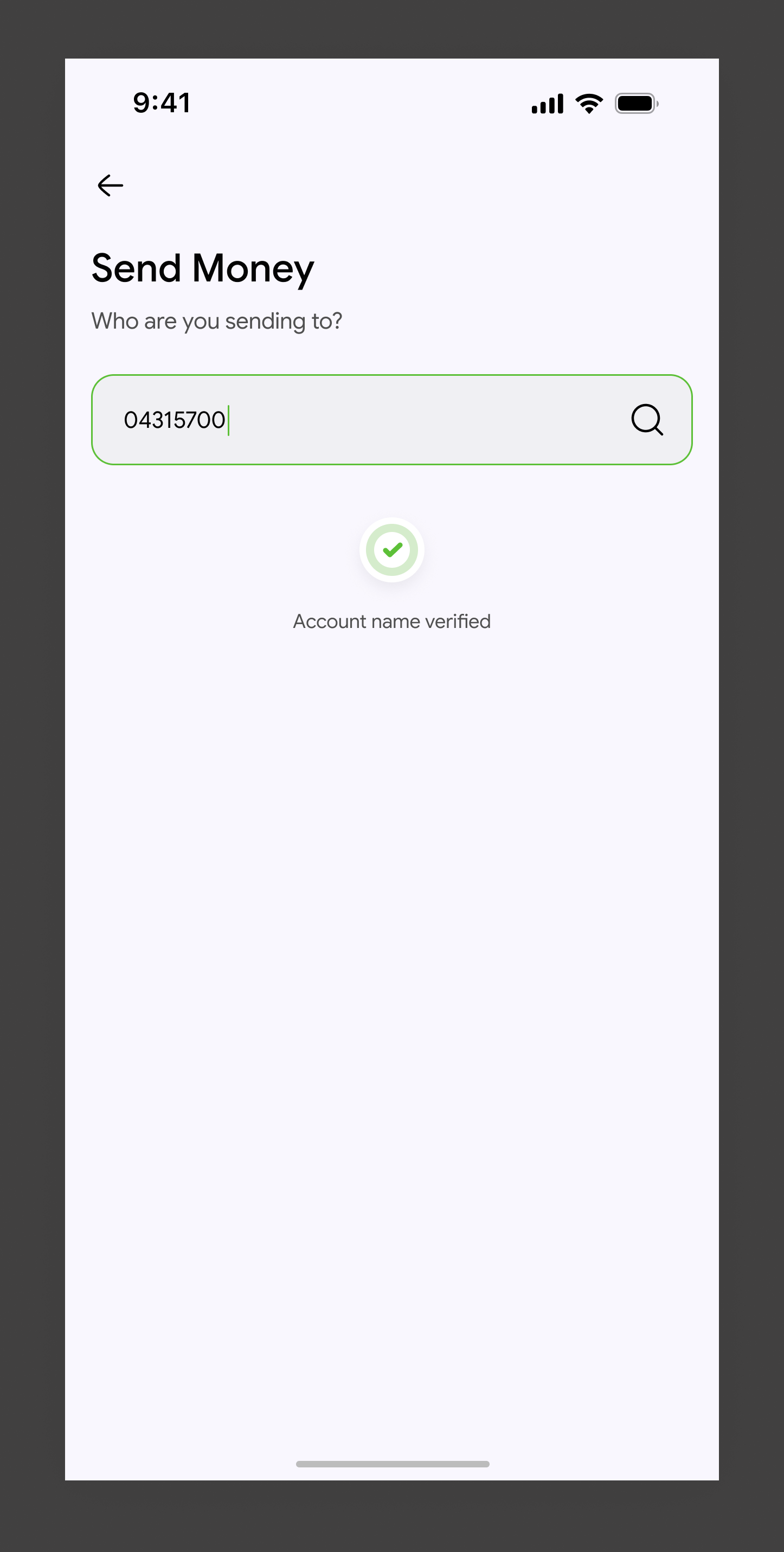 Fidelity Bank Send Money screen with an account number entered and a green checkmark confirming the recipient's verified account name