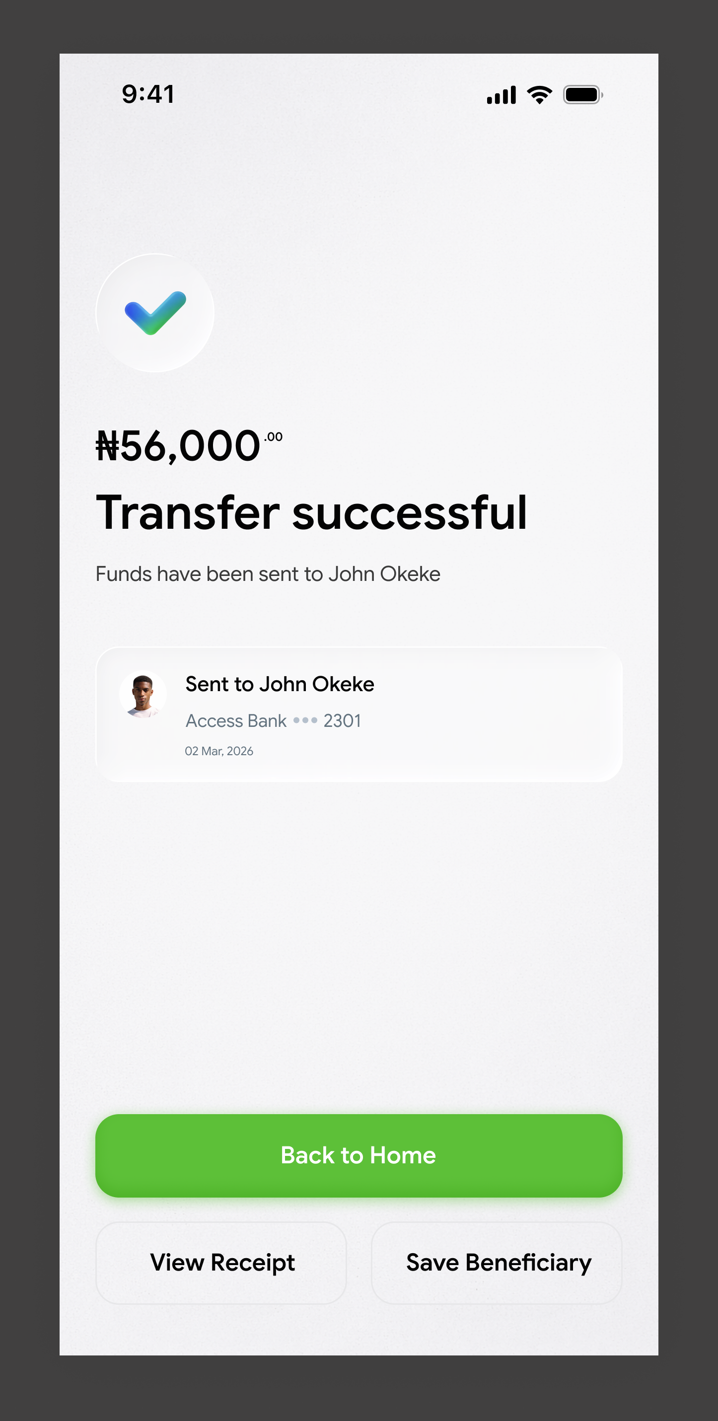 Fidelity Bank transfer successful screen showing the amount sent, recipient, and options to view receipt or save beneficiary