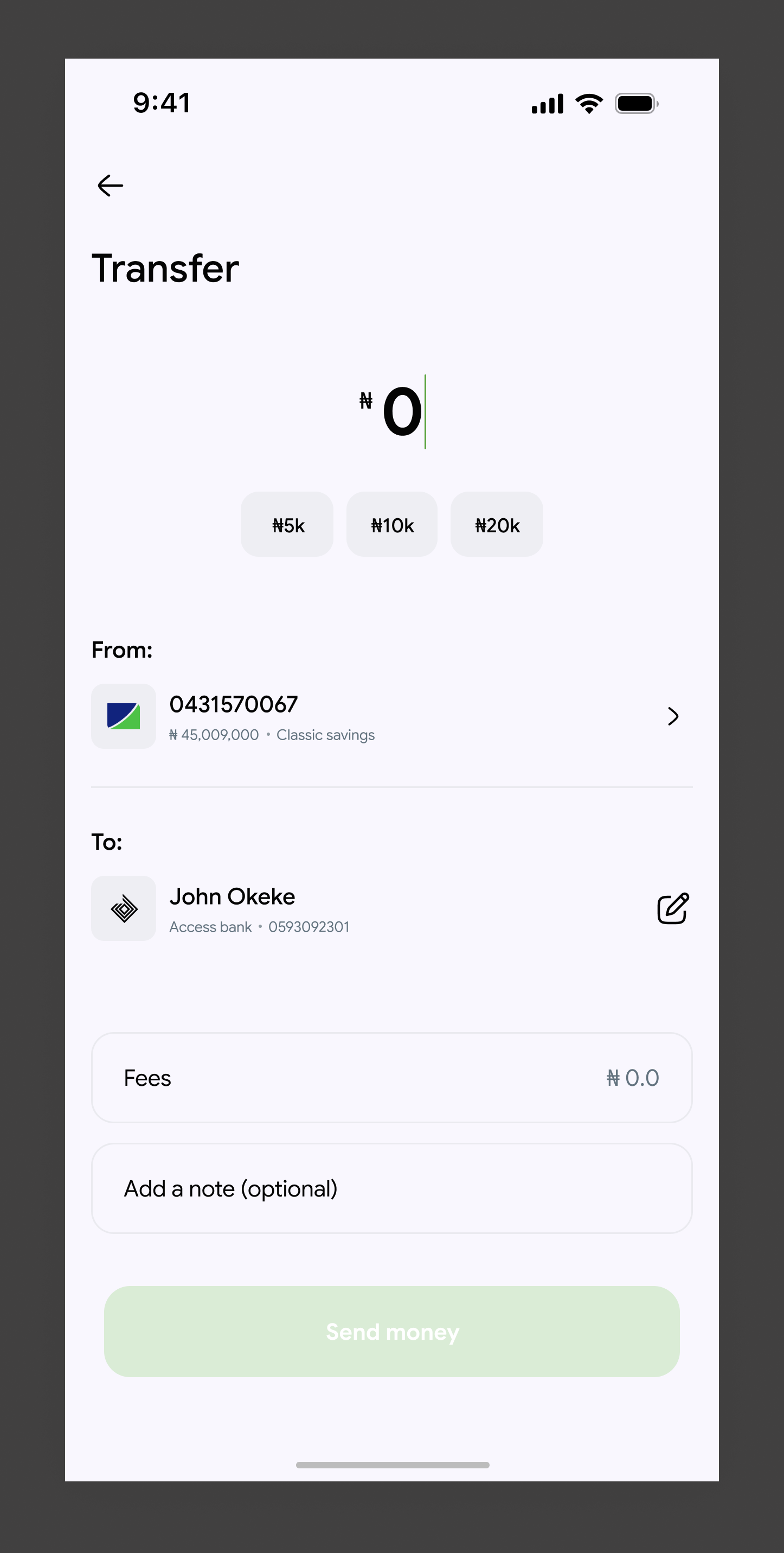 Fidelity Bank Transfer screen with amount entry, source account and recipient shown before confirmation