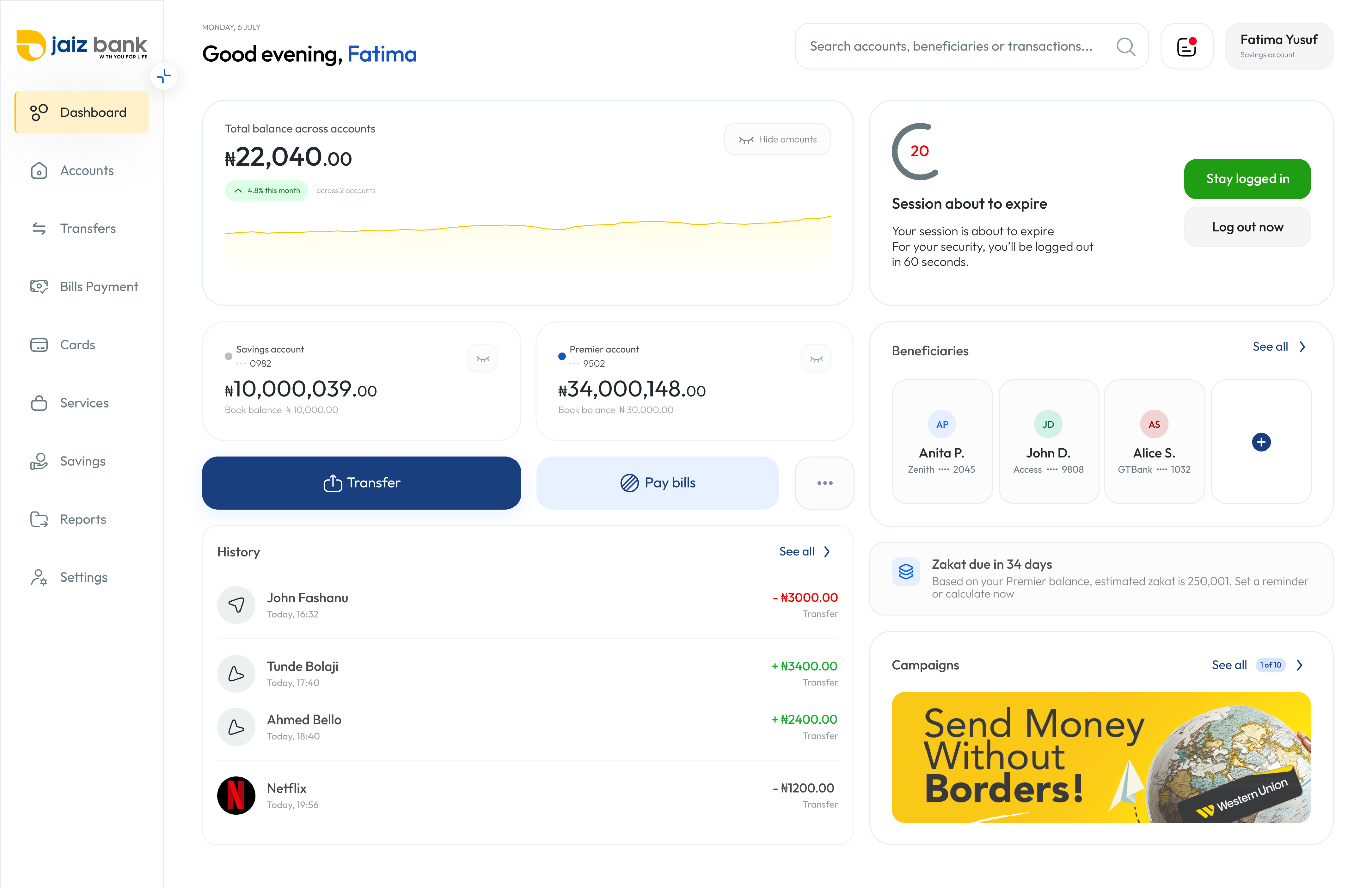 Jaiz Bank dashboard — total balance across accounts, savings and premier account cards, beneficiaries, transfer and pay-bills actions, and recent transaction history
