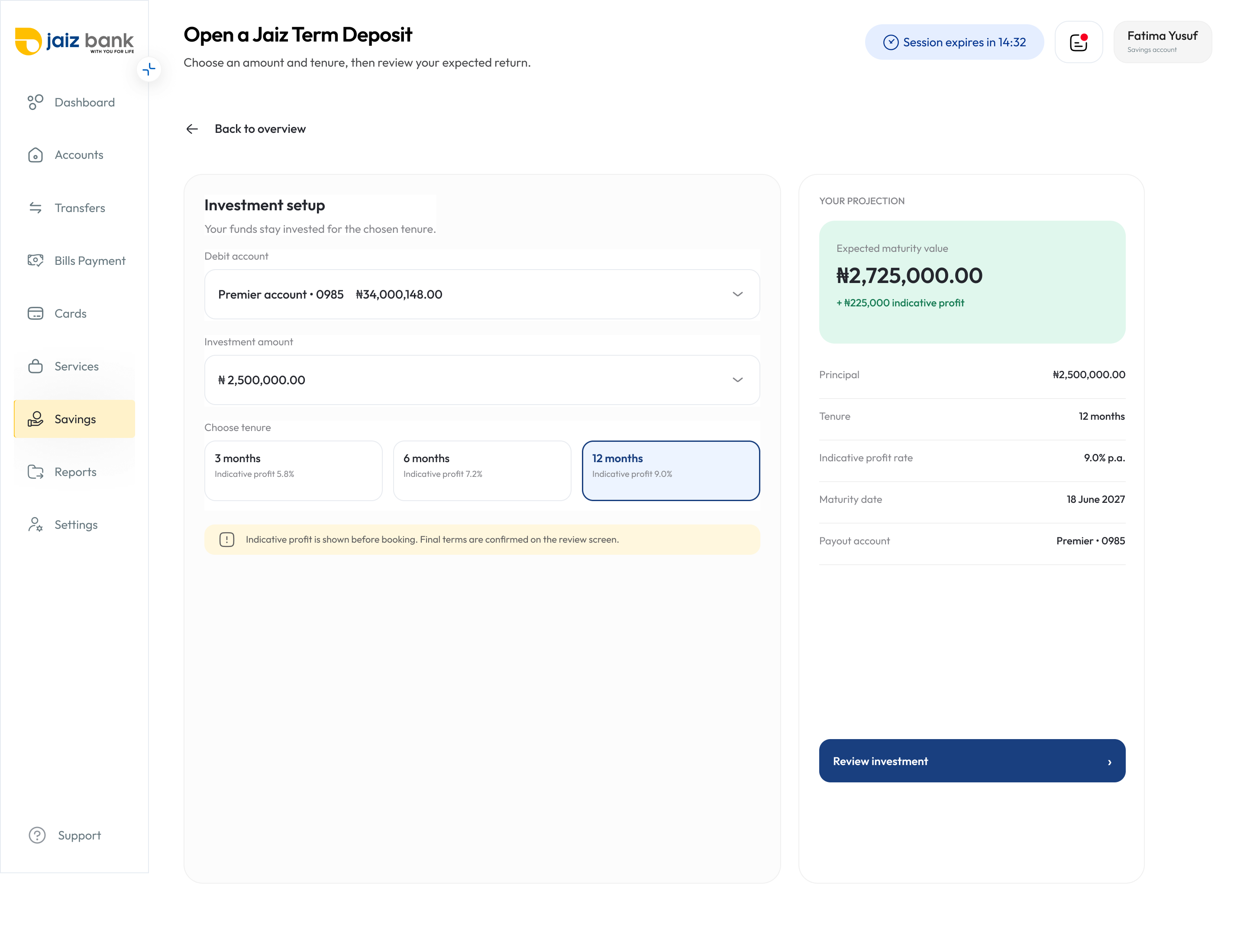 Jaiz Term Deposit setup — investment amount, tenure options and projected maturity value