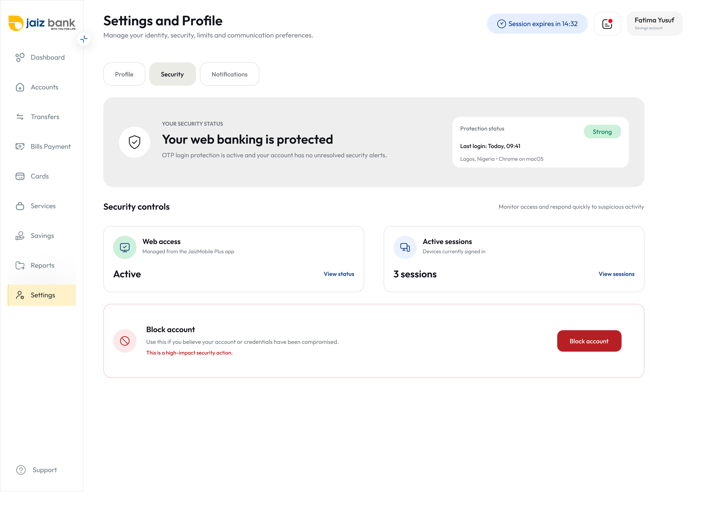 Jaiz Bank Settings and Profile — Security tab showing protection status, web access and active sessions
