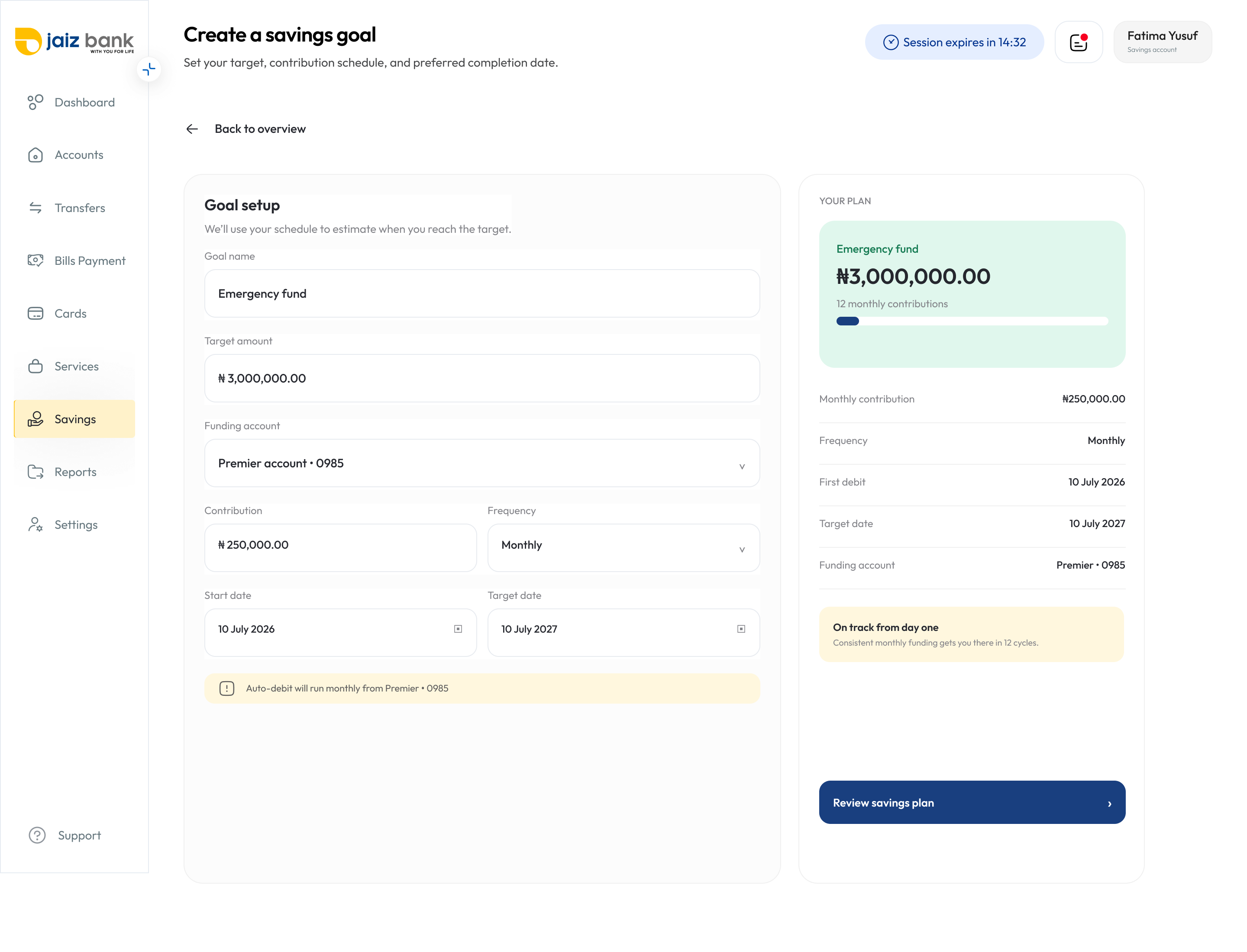 Target Savings goal setup — goal name, target amount, contribution schedule and plan summary
