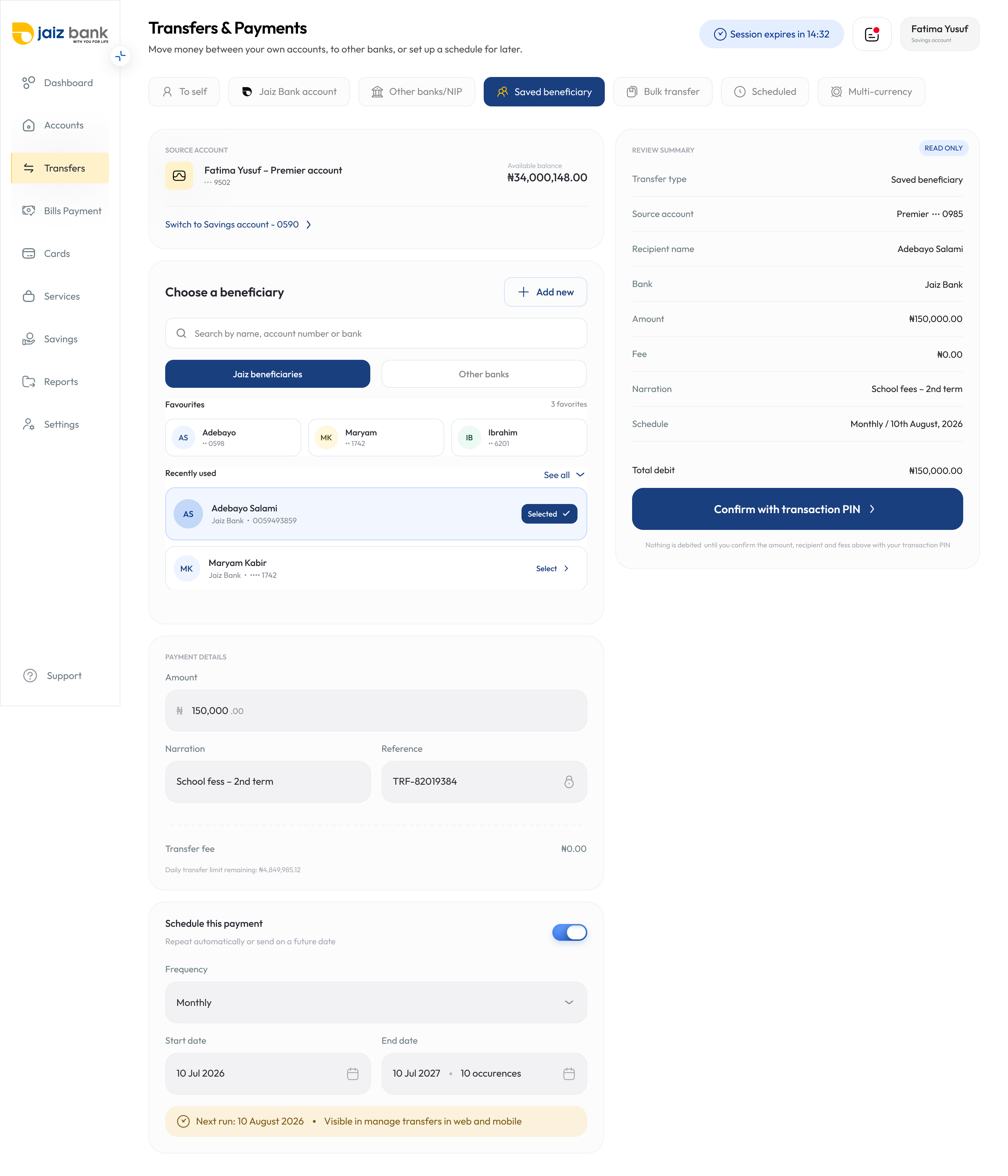 Jaiz Bank transfer review summary — recipient, bank, amount and schedule, confirmed with transaction PIN