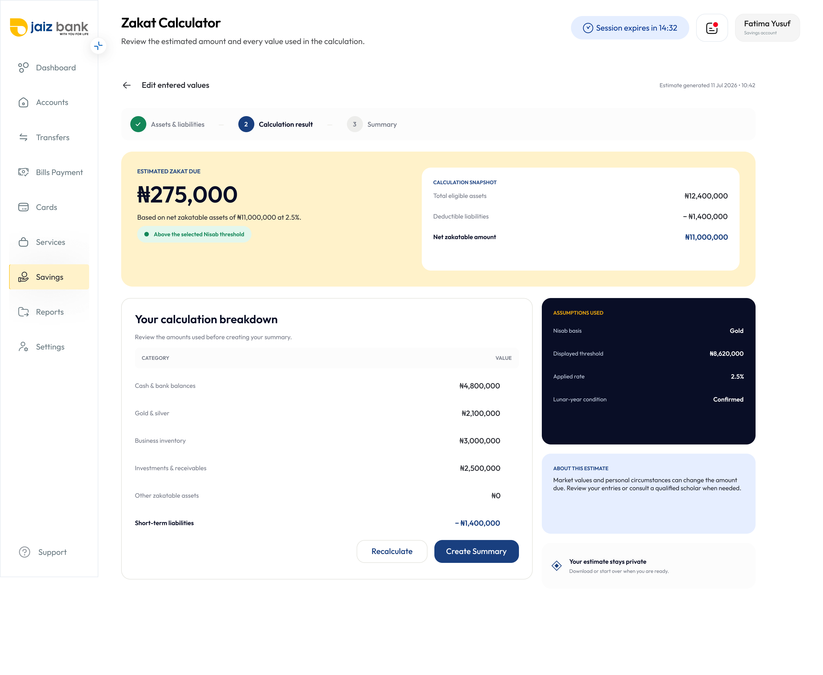 Zakat Calculator result — estimated zakat due, calculation snapshot and assumptions used