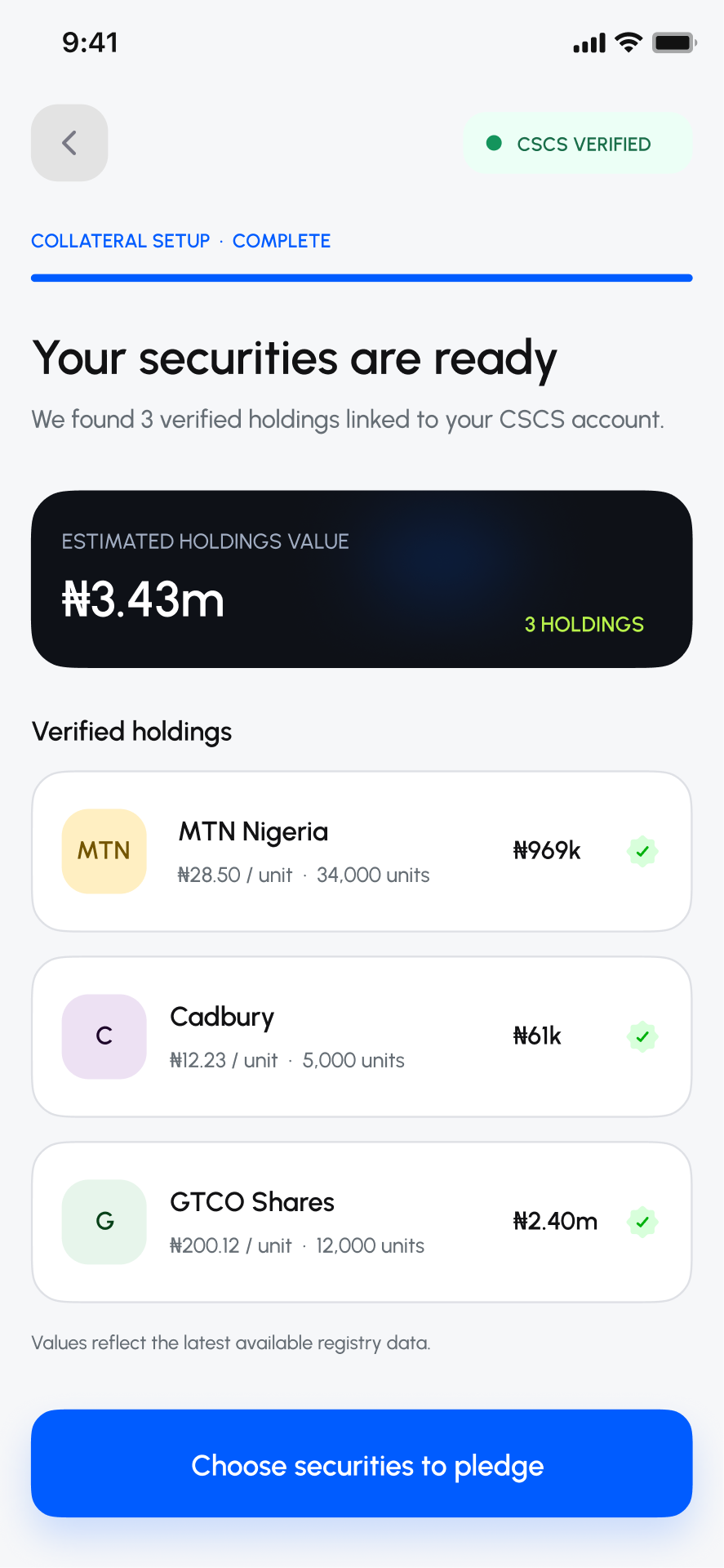 Kanda mobile screen showing three verified holdings retrieved from the CSCS registry, totaling ₦3.43m