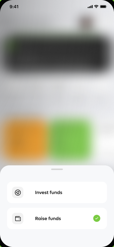 Phone screen switching between Invest funds and Raise funds modes