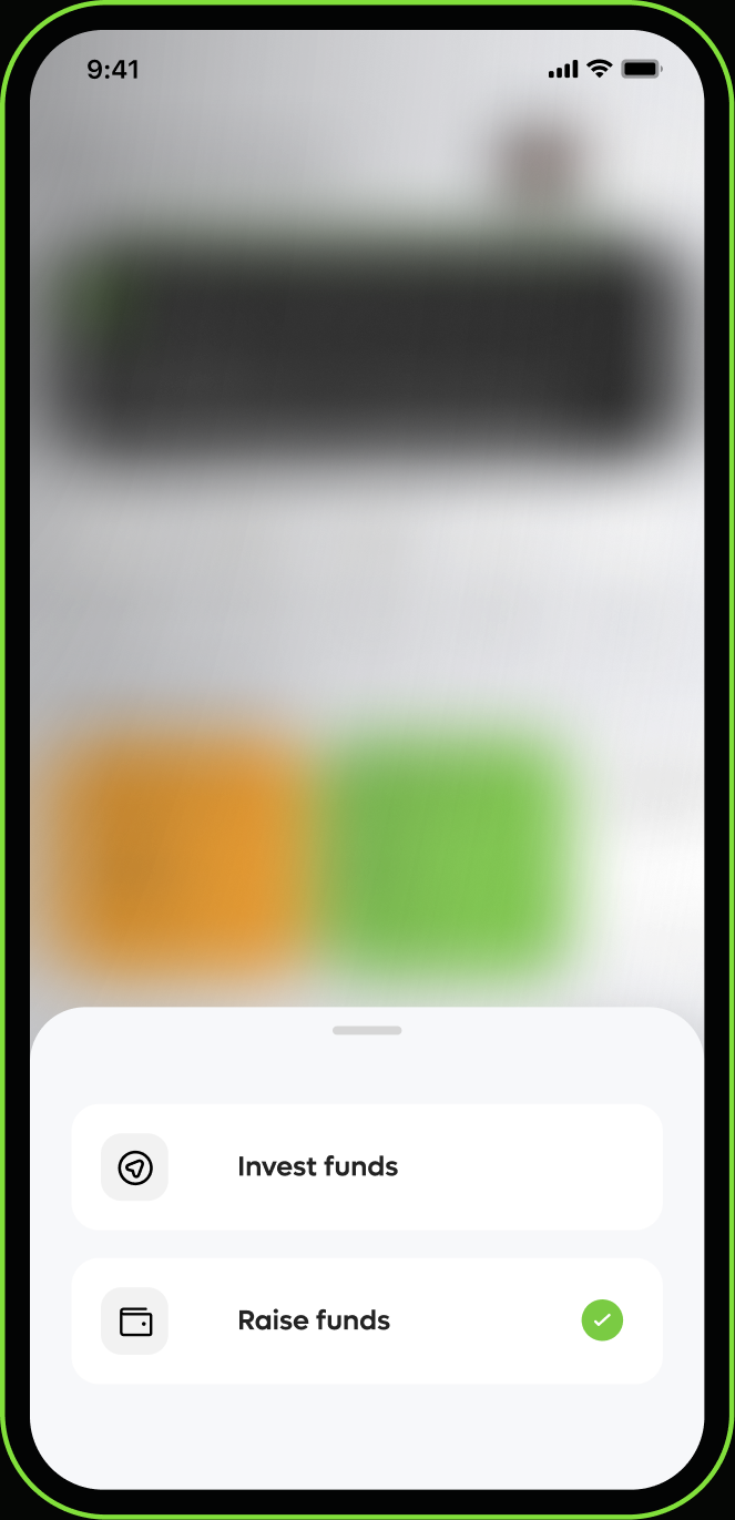 Phone screen switching between Invest funds and Raise funds modes