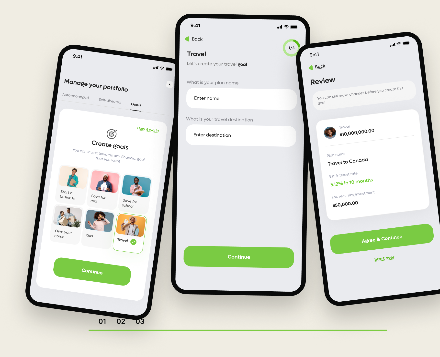 Three phone screens showing goal creation: choosing a travel goal, entering plan name and destination, and reviewing the plan before confirming