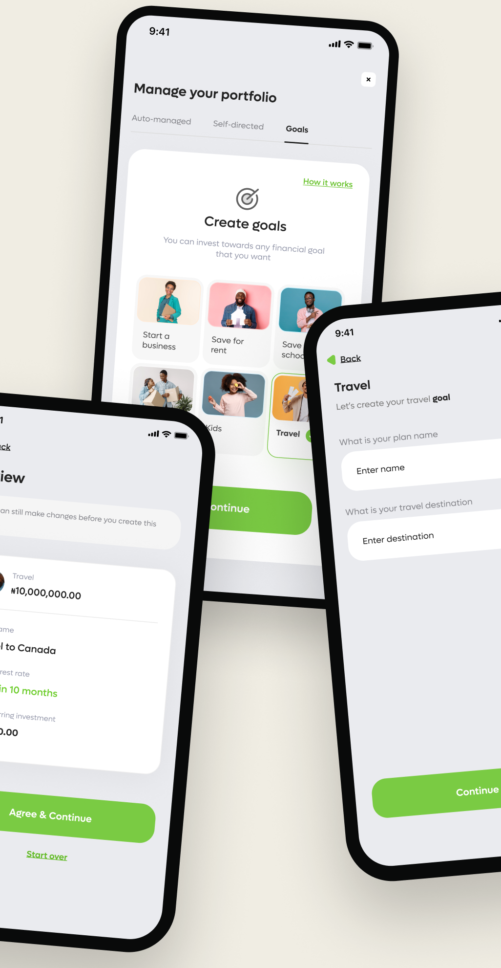Three phone screens showing goal creation: choosing a travel goal, entering plan name and destination, and reviewing the plan before confirming