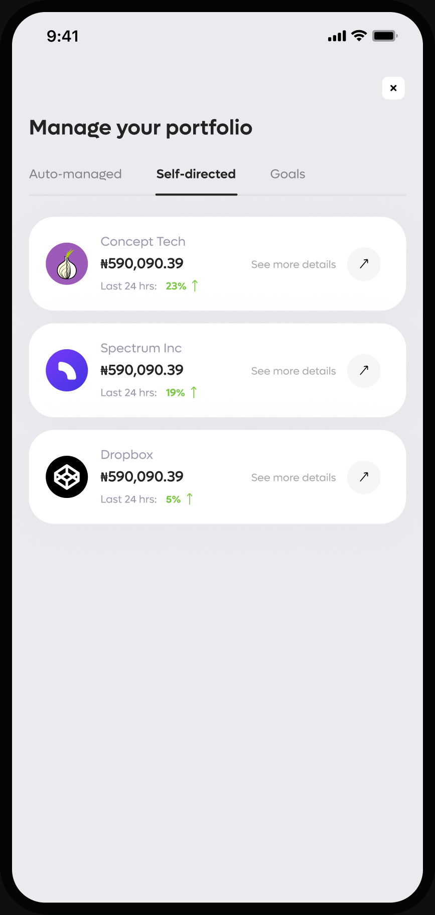 SELF-DIRECTED portfolio mode showing the same portfolio shell with a different degree of control