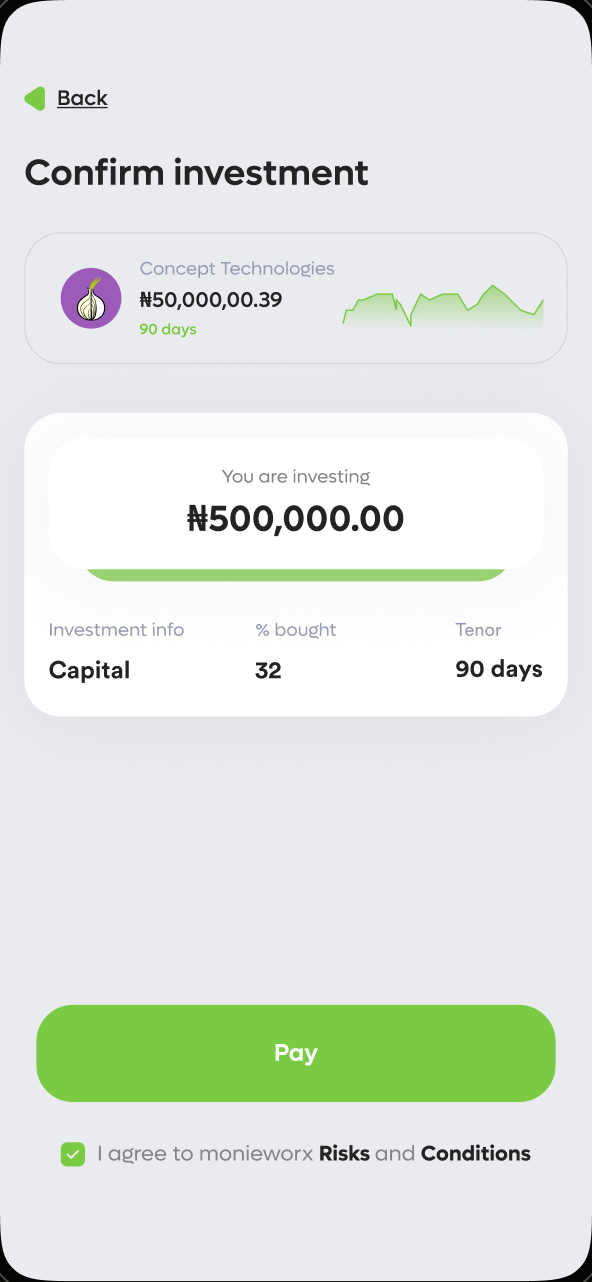 Confirm investment screen showing amount, term and the Pay button