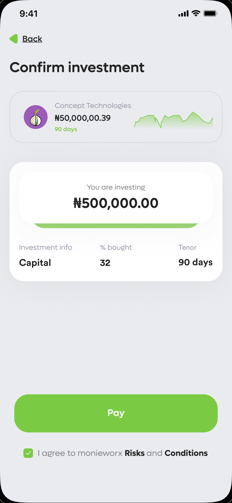 Confirm investment screen showing amount, term and the Pay button