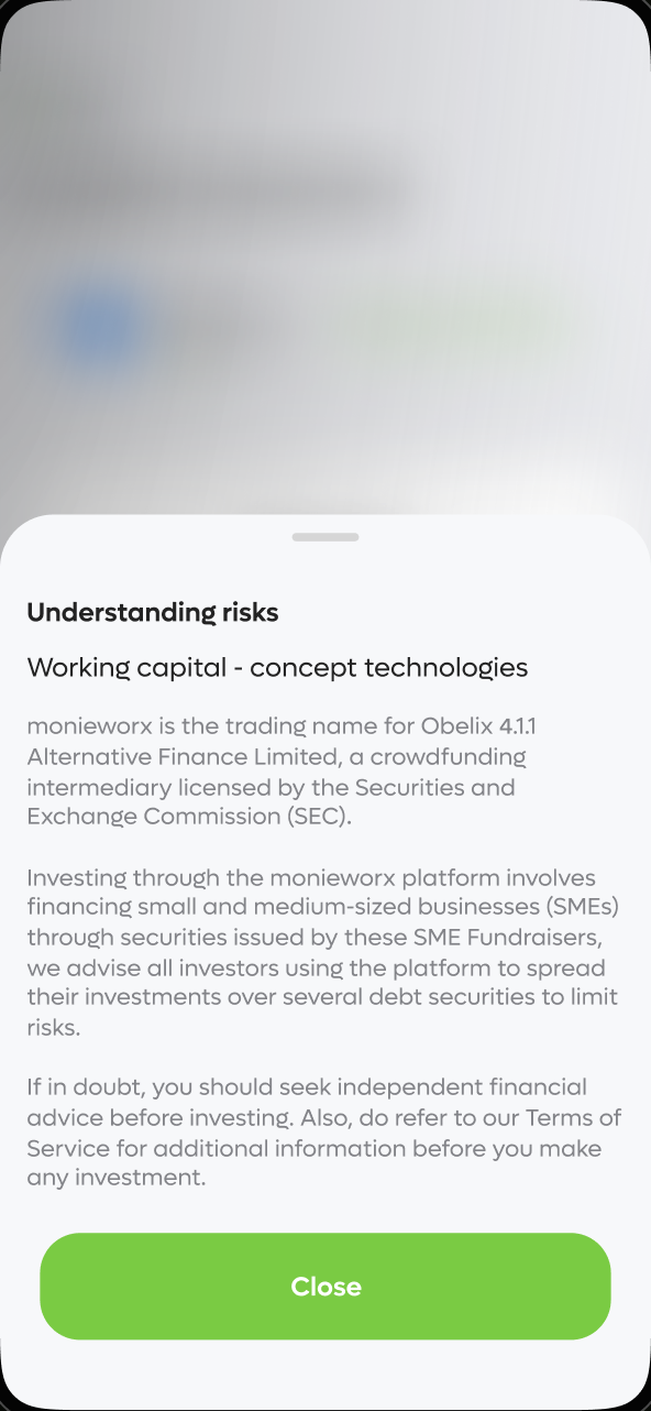 Understand risk screen showing the risk disclosure before confirming