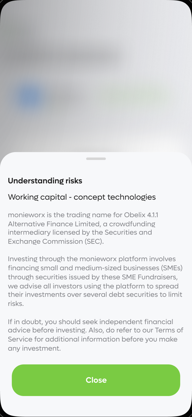 Understand risk screen showing the risk disclosure before confirming
