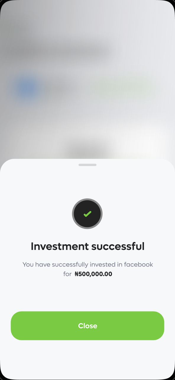 Investment successful screen confirming the completed transaction