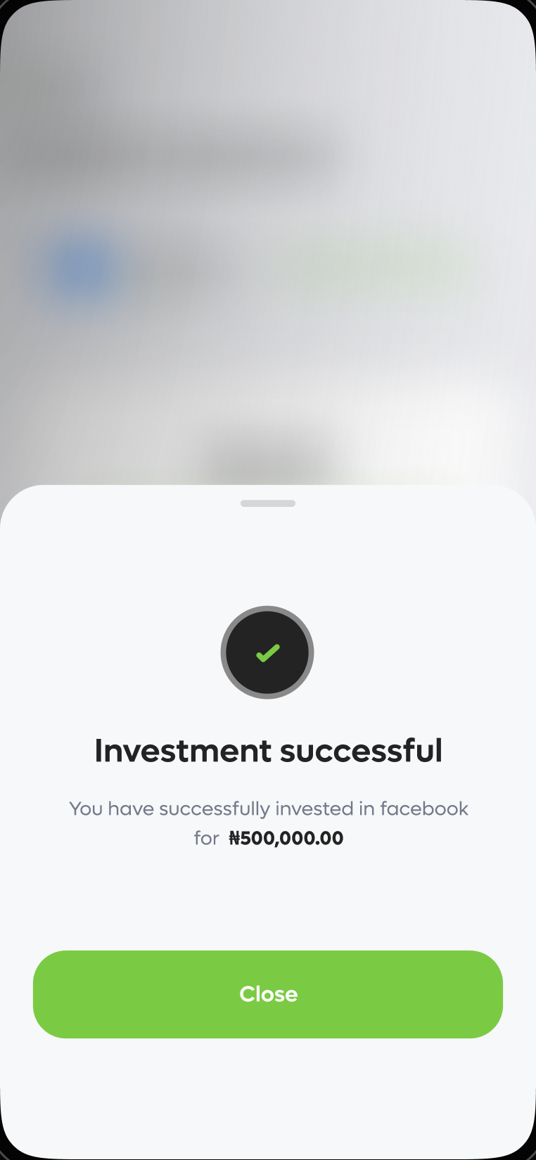 Investment successful screen confirming the completed transaction