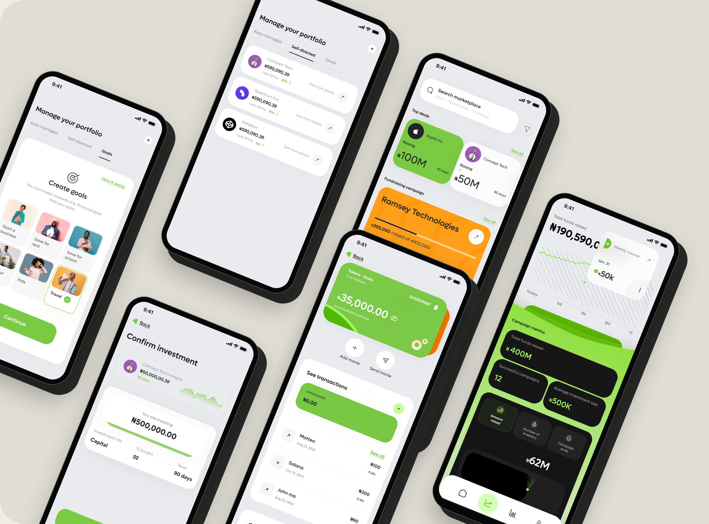 Six approved product screens — goal selection, portfolio, marketplace, confirmation, wallet and fundraiser — drifting together as one coordinated field