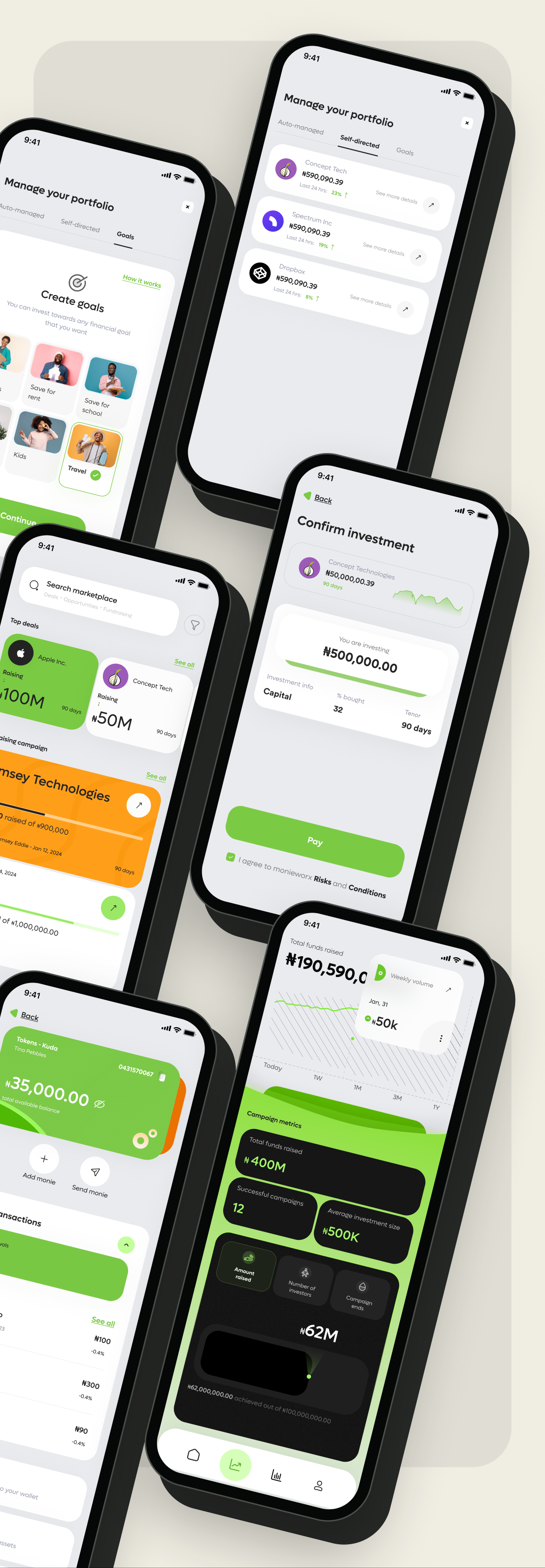 Six approved product screens — goal selection, portfolio, marketplace, confirmation, wallet and fundraiser — drifting together as one coordinated field