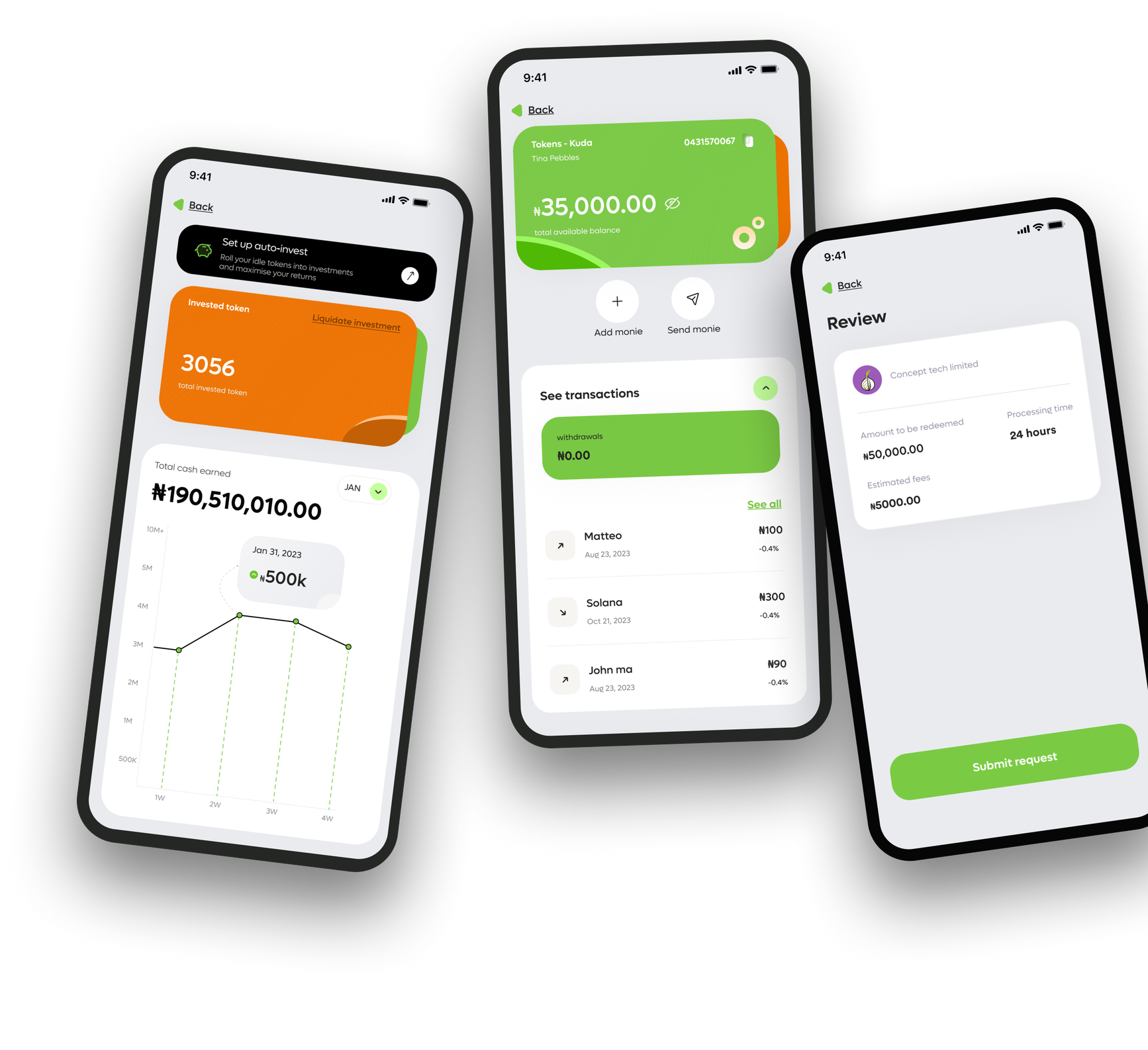 Three phone screens showing an invested token wallet, the transaction history, and a redemption request review before submission