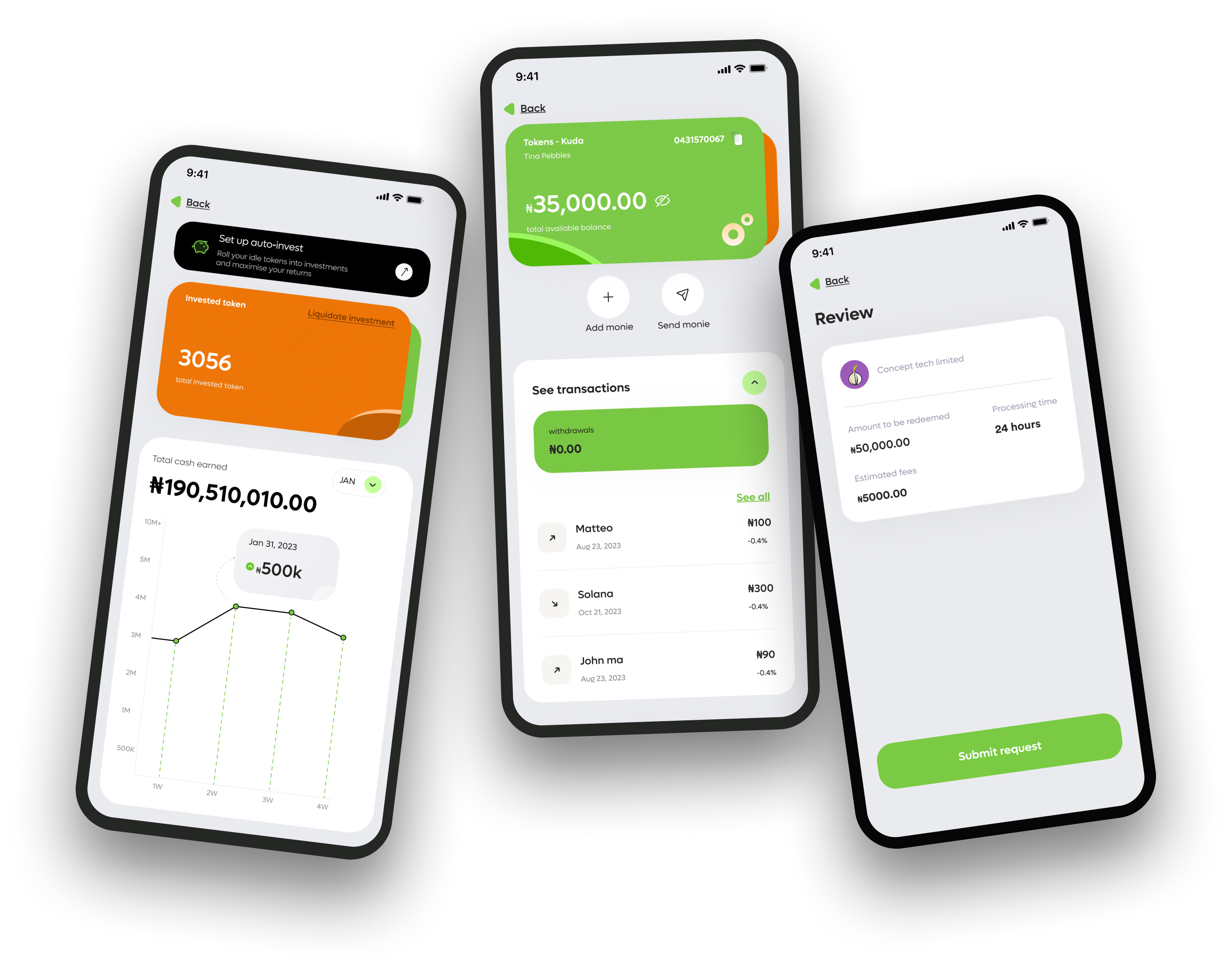 Three phone screens showing an invested token wallet, the transaction history, and a redemption request review before submission