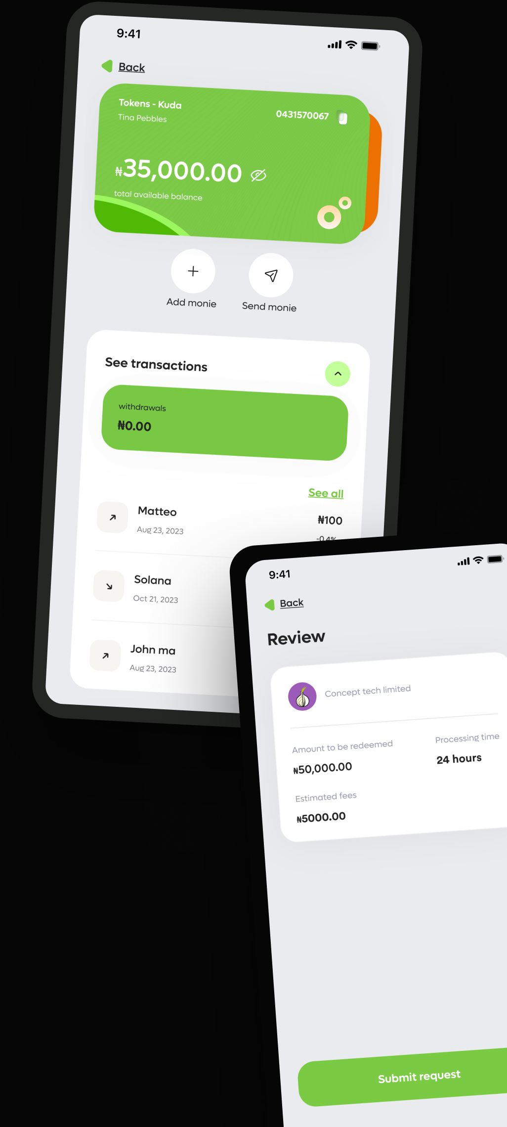 Wallet and transaction history overlapping a redemption request review screen