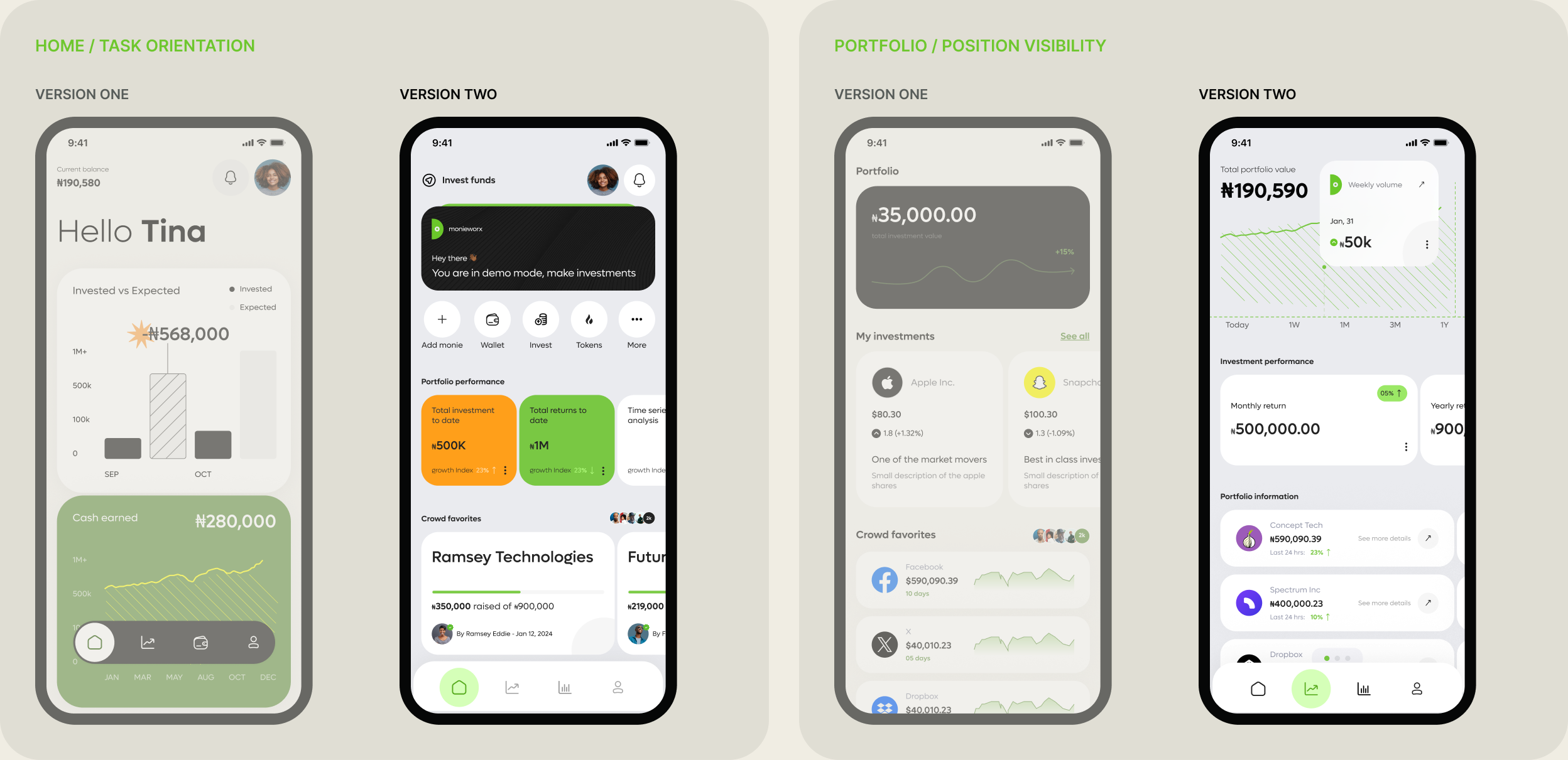 Before-and-after comparison of the home screen's task orientation and the portfolio screen's position visibility between version one and version two