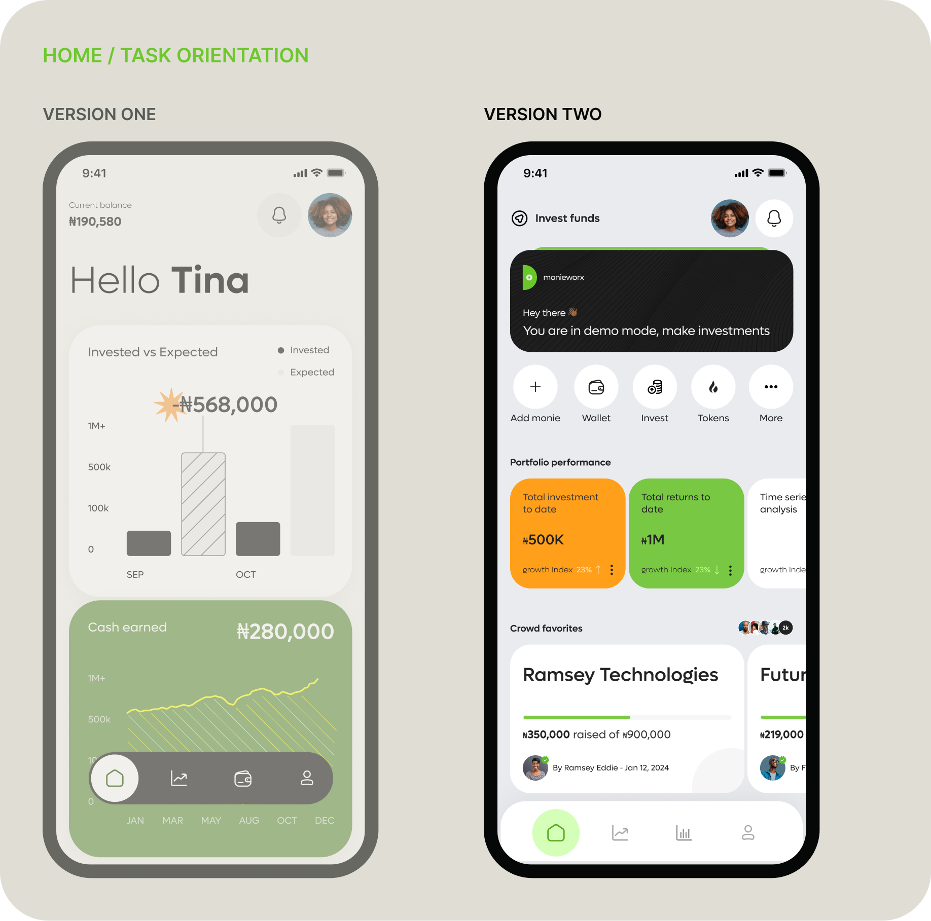 Home screen before-and-after comparison: chart-first task orientation (Version One) vs task-first orientation (Version Two)