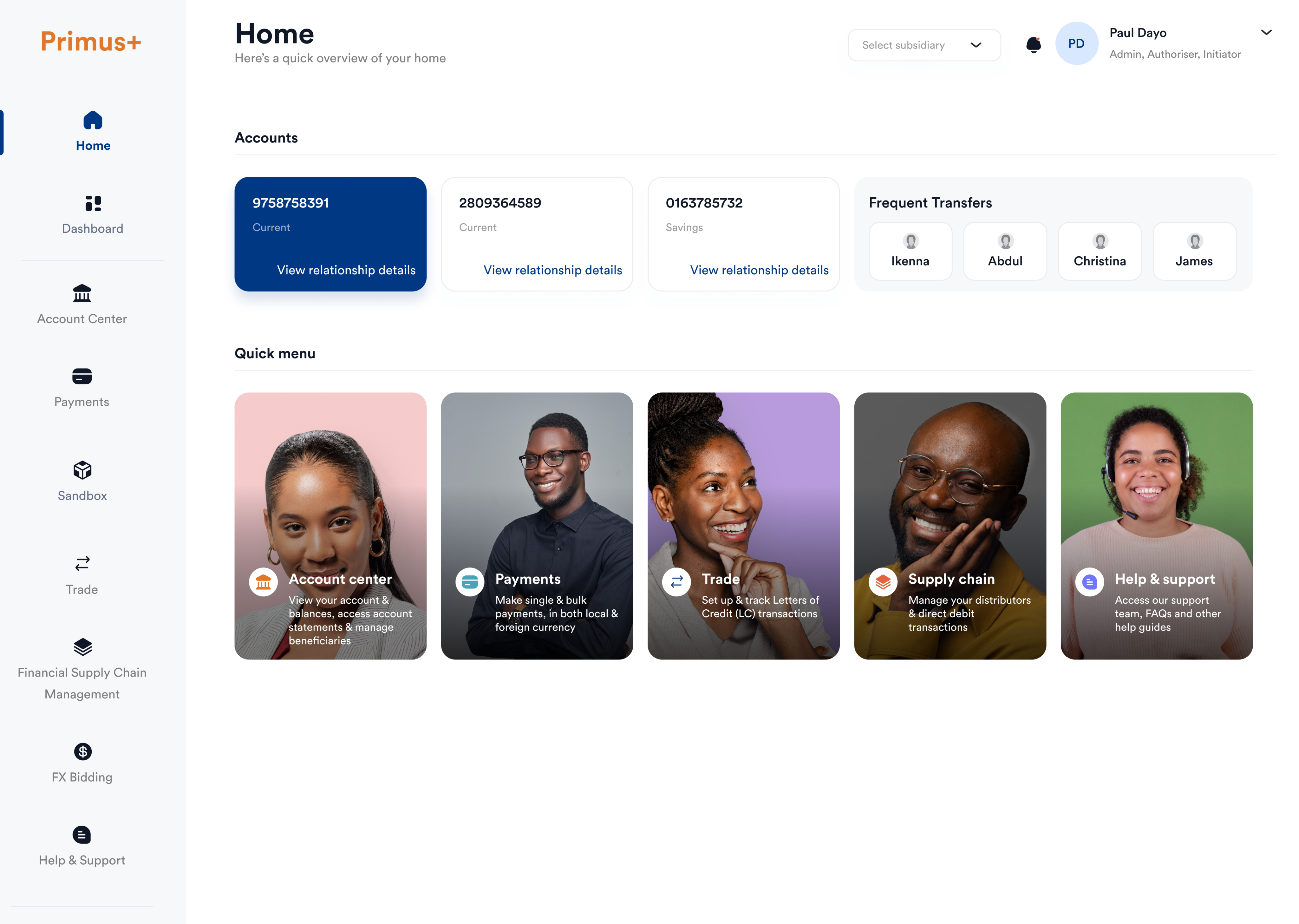 Primus+ corporate banking Home screen — accounts, frequent transfers and a quick menu of account center, payments, trade, supply chain and support
