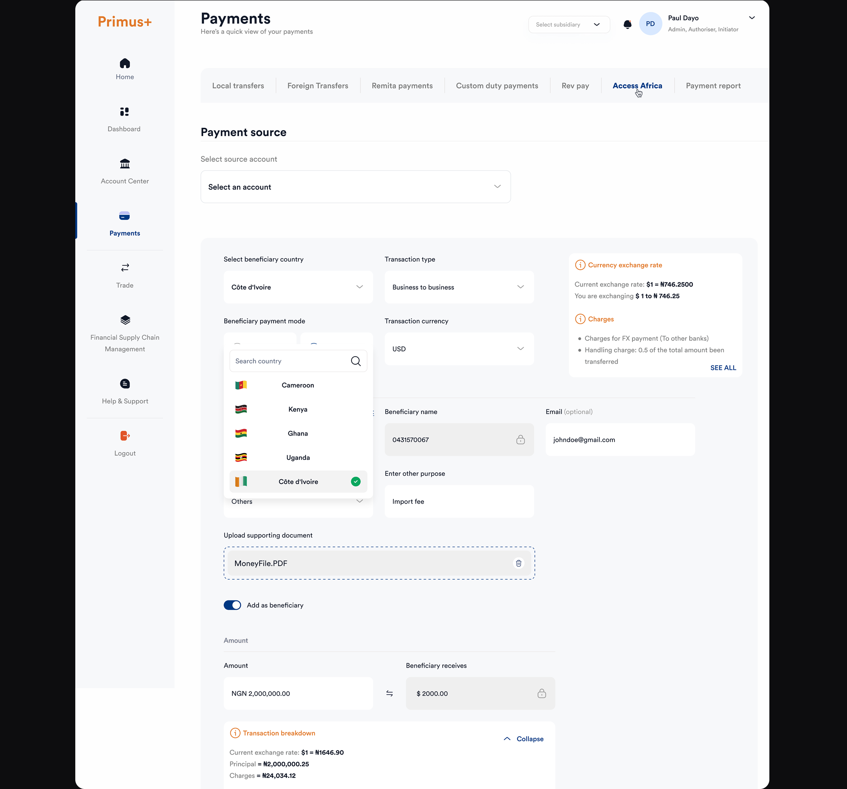 Primus+ Access Africa cross-border payment form — beneficiary country, payment mode, currency, exchange rate and charges