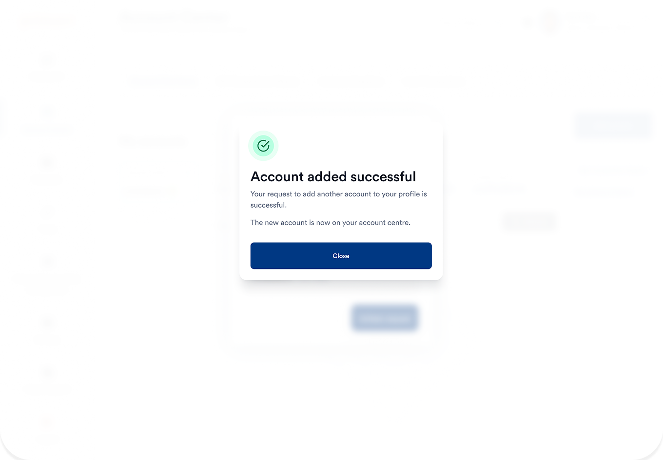Primus+ Account added successful modal confirming the new account now appears in the Account Center