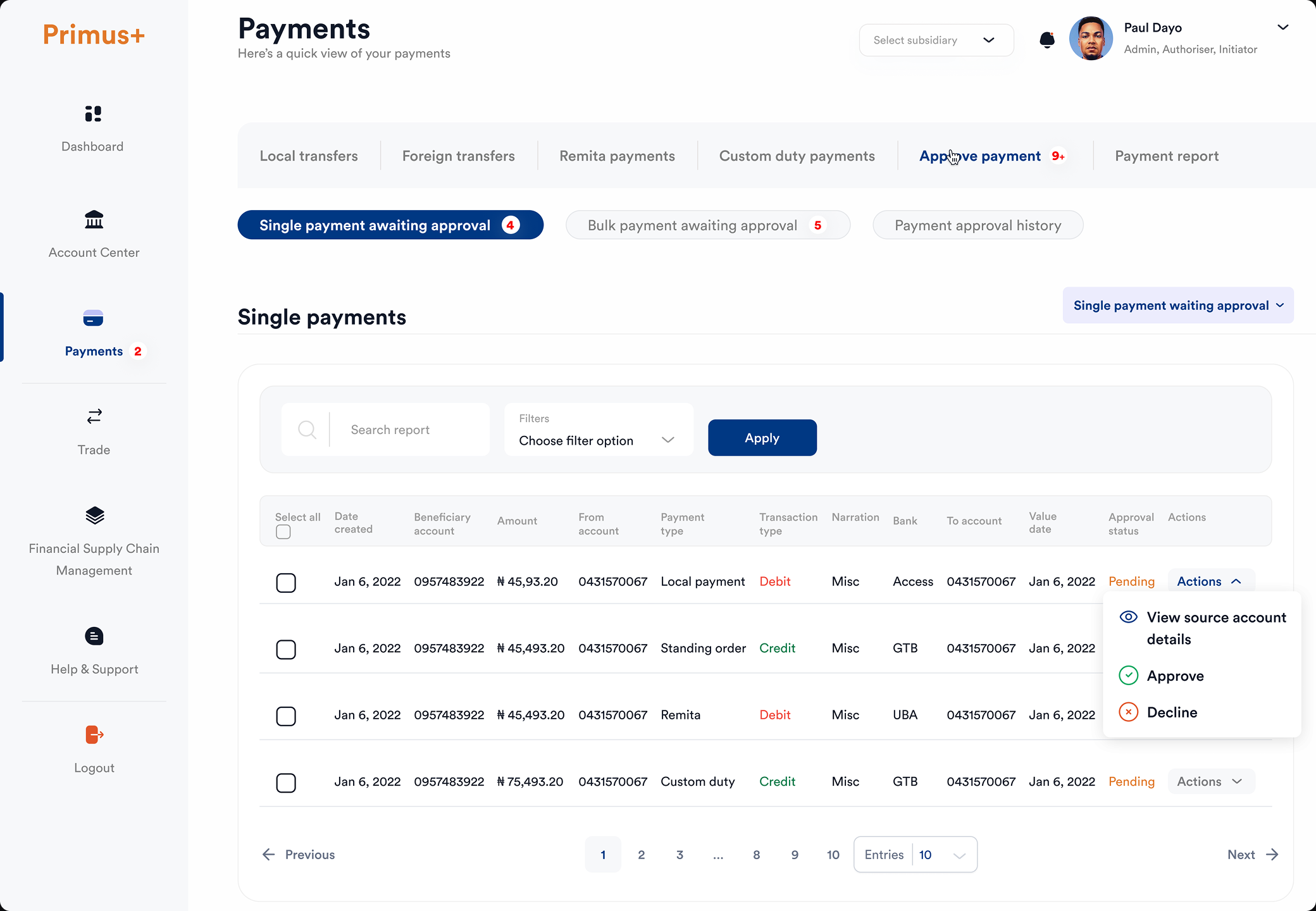 Primus+ Payments screen showing the approve-payment queue with single payments awaiting approval