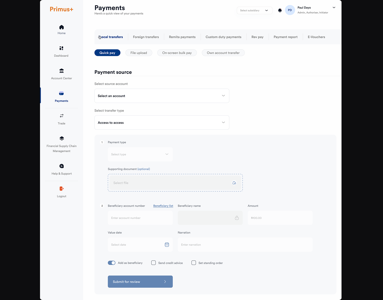 Primus+ domestic payment initiation form — payment source, beneficiary details and amount, with a Submit for review action