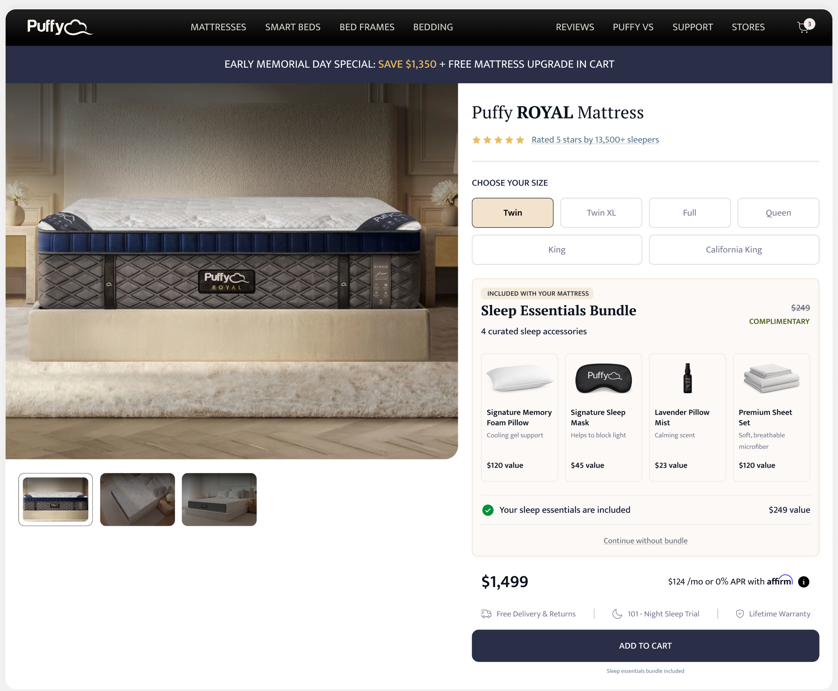 Puffy Royal Mattress product page with size selector and Sleep Essentials Bundle — four curated accessories shown individually with their own value before checkout