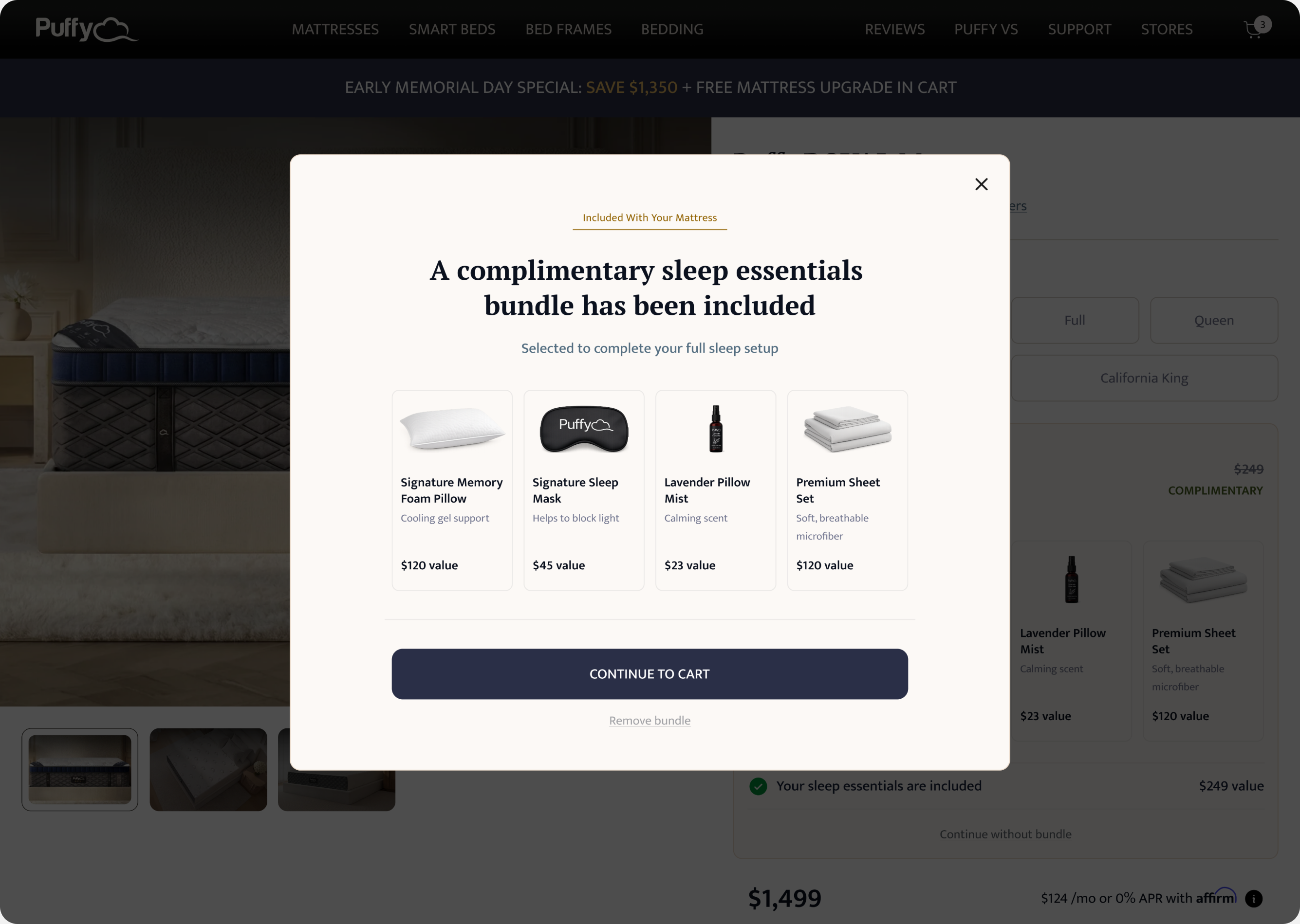 Puffy product page with a reveal modal announcing a complimentary sleep essentials bundle has been included, shown after the purchase decision is already made