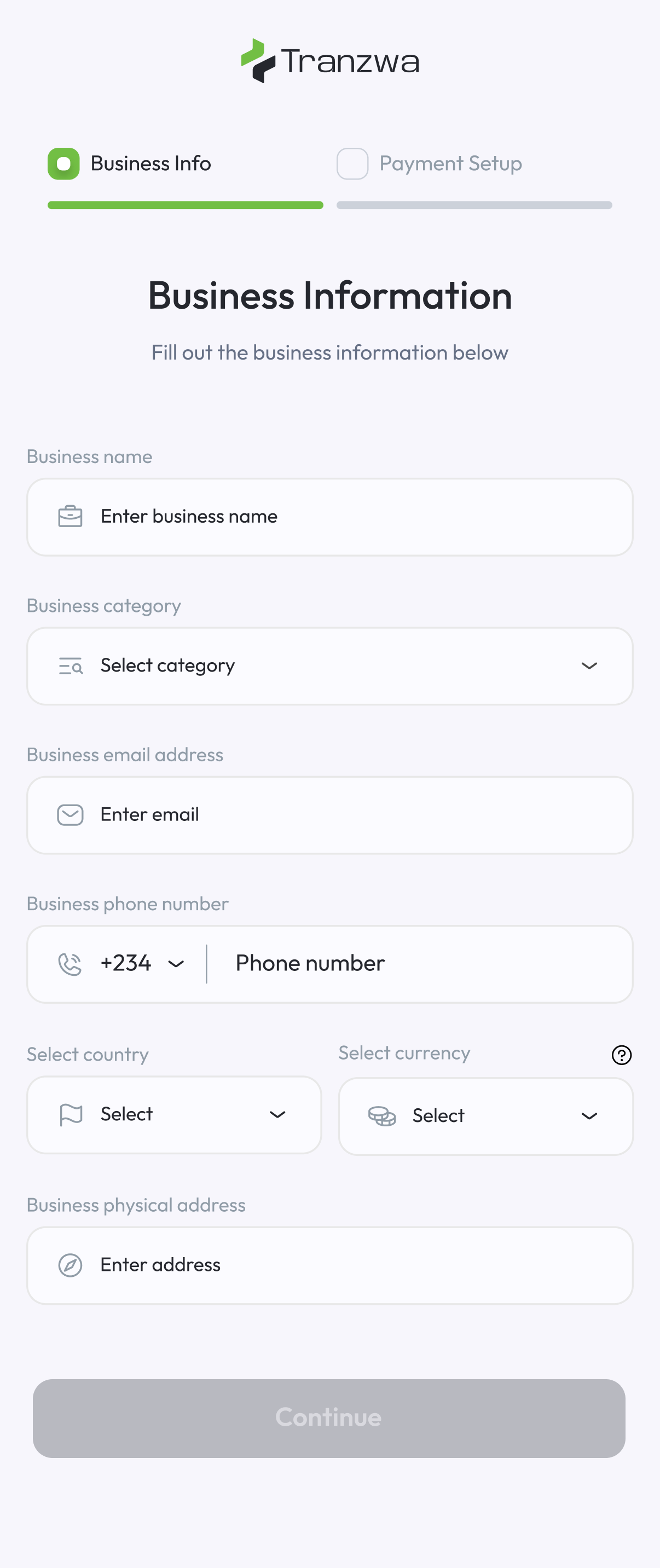 Tranzwa mobile app business information step, matching the web onboarding form